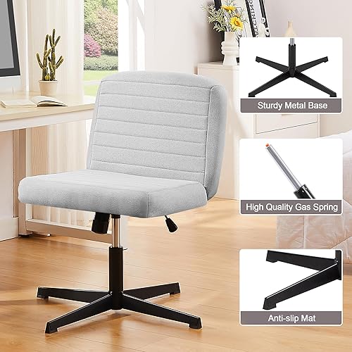 Miniatura 4 de VECELO Silla de oficina sin brazos sin ruedas, tela acolchada con piernas cruzadas, altura ajustable, asiento ancho para maquillaje de hogar y