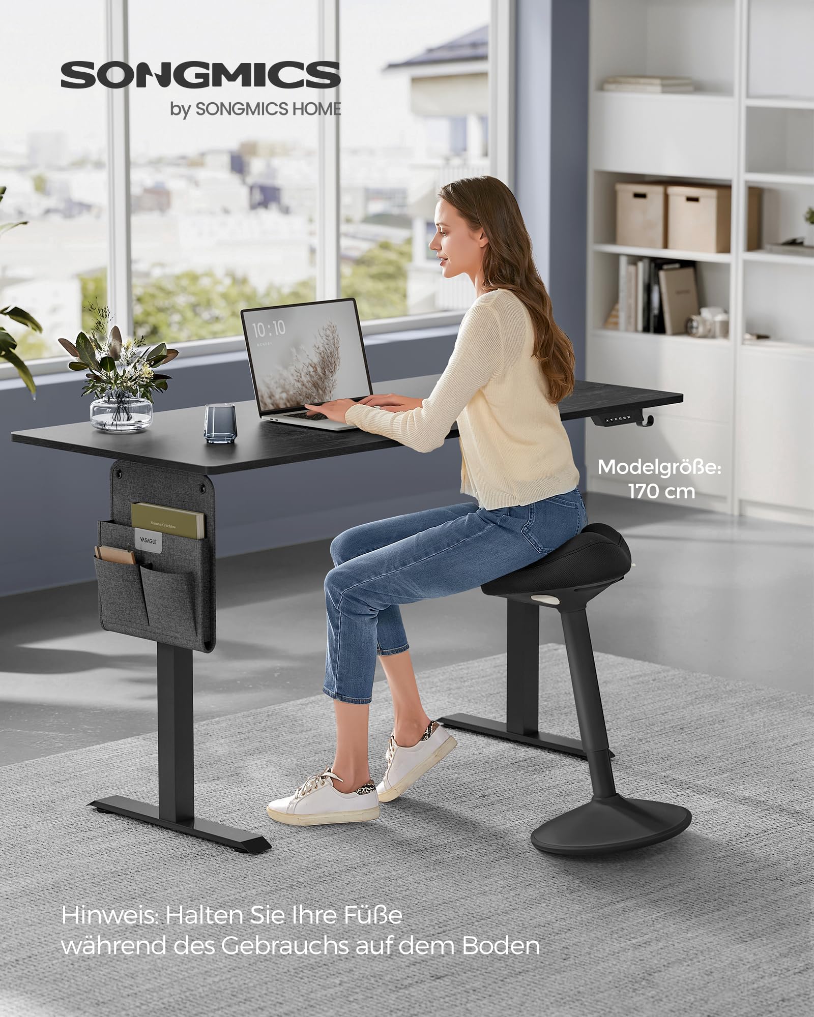 SONGMICS Hocker, Stehhocker um 360° neigbar, Schreibtischstuhl, höhenverstellbar 58-83 cm, großer Sockel, Anti-Rutsch, modern, schwarz OSC008B01