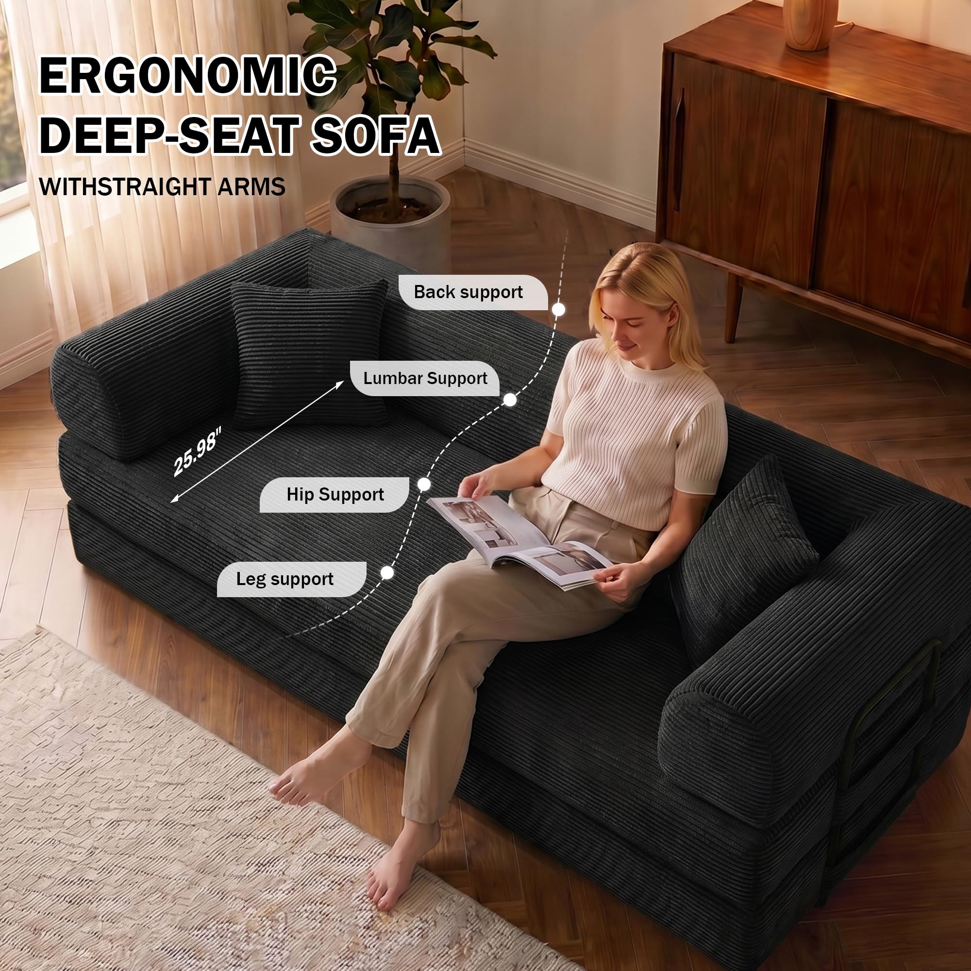 79" Convertible Futon Sofa Bed, Boneless Couch for Living Room, Black | Corduroy Sleeper Sofa, Modular Floor Couch with Pocket Springs and 2 Pillows, Couch Bed No Assembly