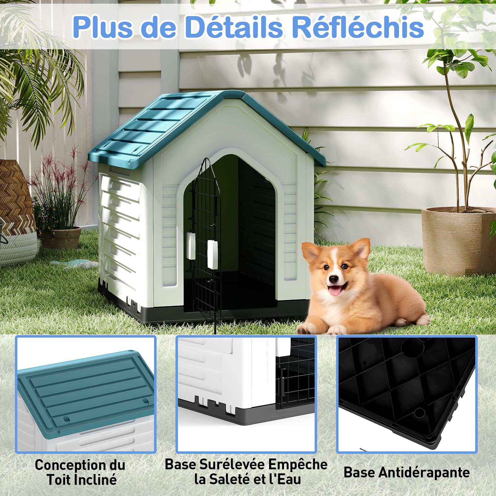 GYMAX Niche pour Chien avec Porte Métallique Verrouillable, Toit Incliné Anti-Accumulation d'eau, Bonne Ventilation, Abri en Plastique pour Animaux Convient pour Intérieur et Extérieur (Bleu)