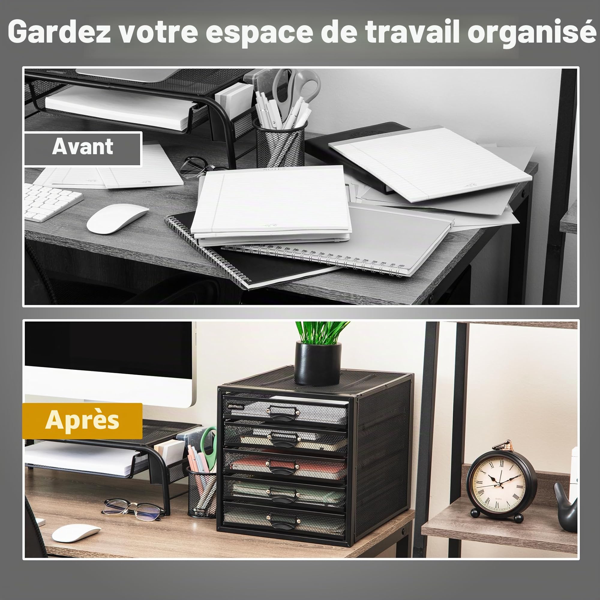 Mind Reader Tiroirs de rangement de fichiers, organiseur de bureau, multifonction, artisanat, bureau, maille métallique, 27,9 cm (L) x 35,6 cm (l) x 27,9 cm (H), noir, 5 tiroirs