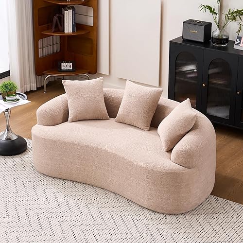 Miniatura 1 de Sofá biplaza curvo de 65 pulgadas para espacios pequeños, sofá biplaza sin hueso, tela de felpilla de grano de madera, no requiere instalación, sofá