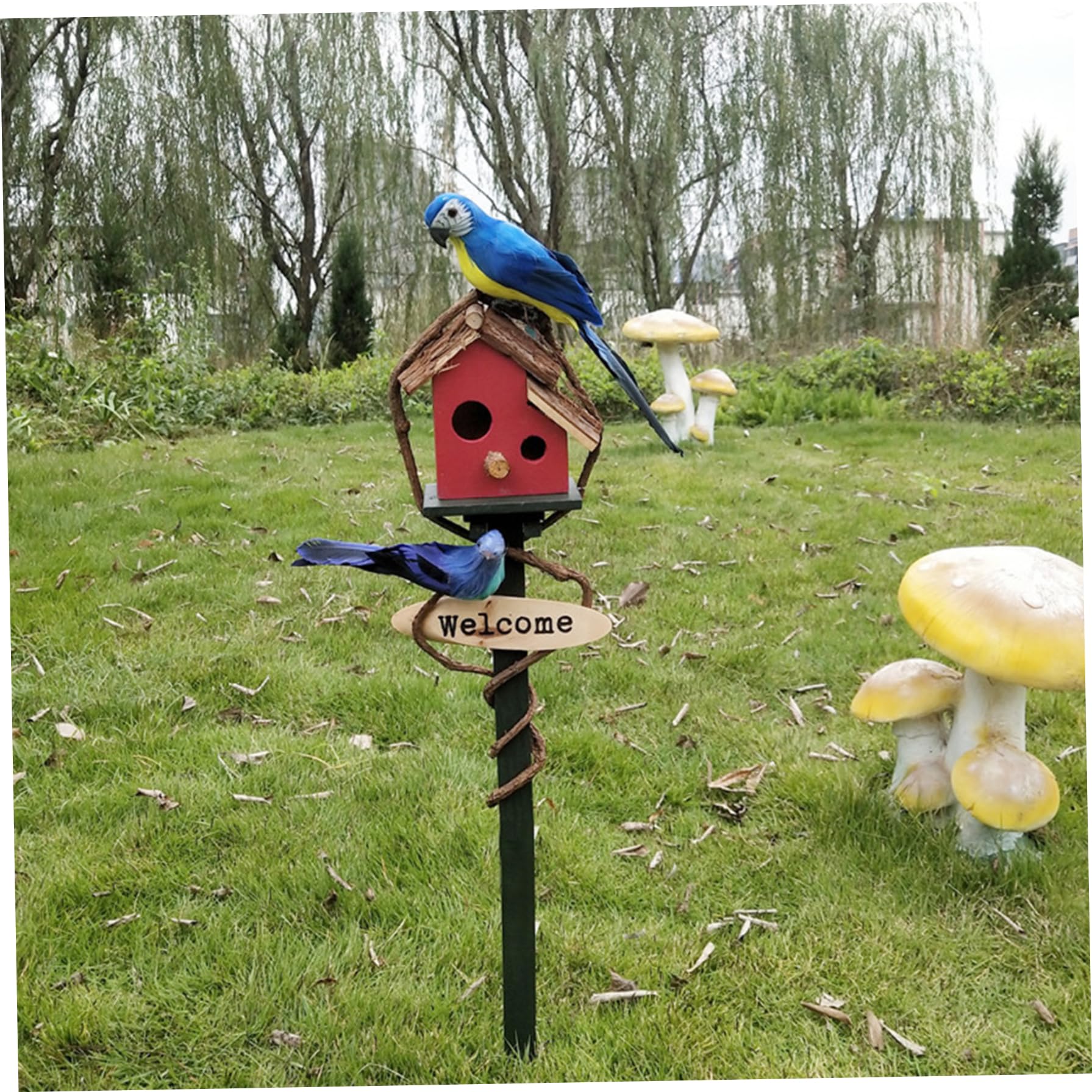 Casetta per uccellini per esterni con palo,Casetta per uccelli in legno alta 27,6 pollici,Supporto per casetta per uccelli,Palo da giardino decorativo per casetta per uccelli per prato Cortile Casetta