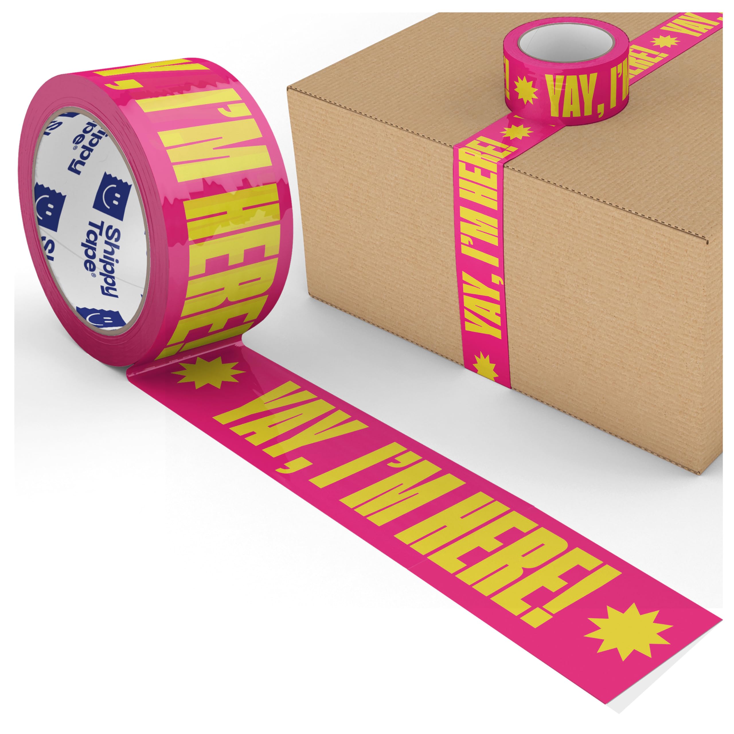 Cool Decorative Packing Tape for Small Business, Cute Designer Printed Packaging and Shipping Tape, Yay I'm Here!, Neon Pink Yellow, 1.88" x 110 Yards