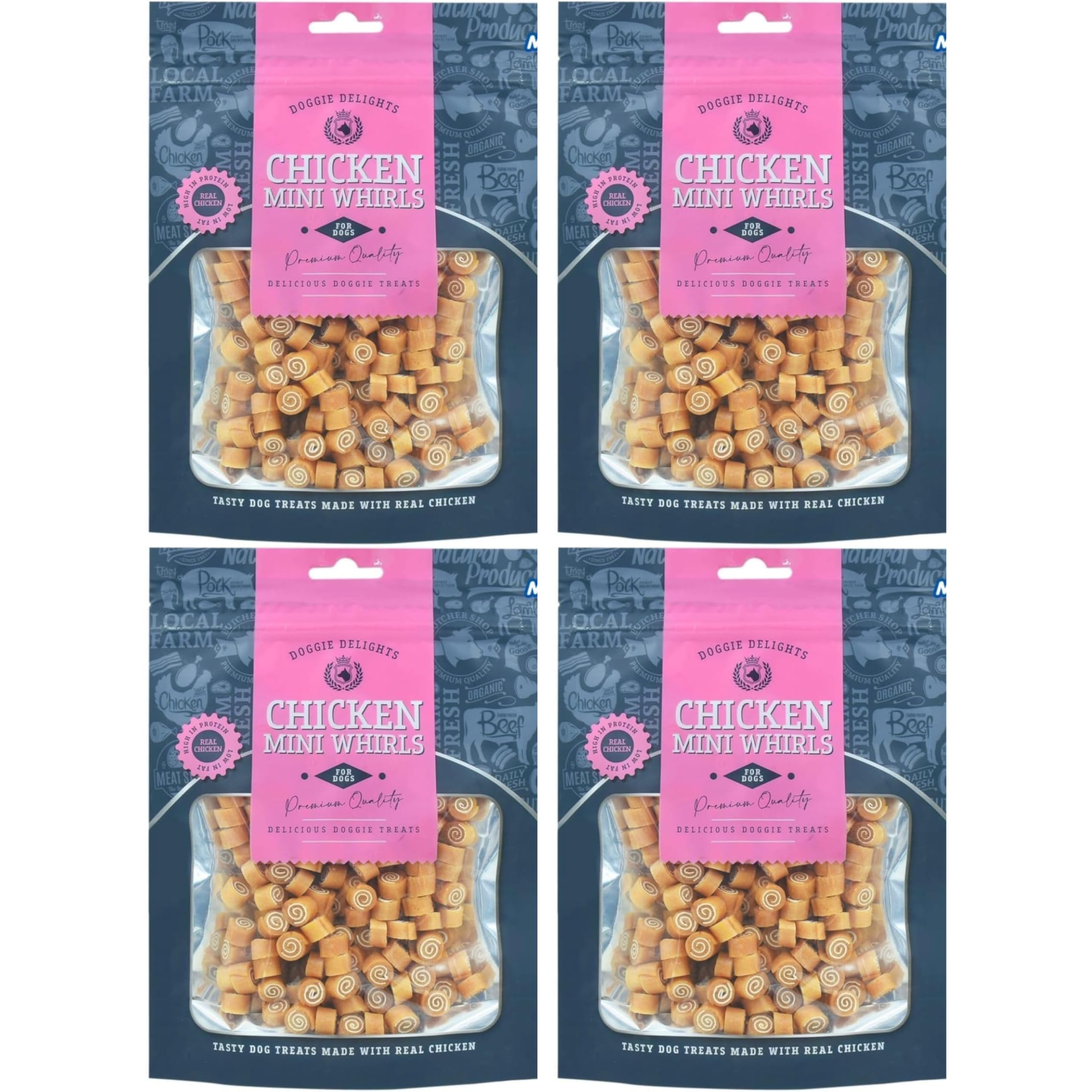 Doggie Delights Dog Treats Premium Quality Delicious Doggie Healthy Treats For Dogs Low in Fat Real High In Protein Pack of 4 x 125g (Chicken Mini Whirls)