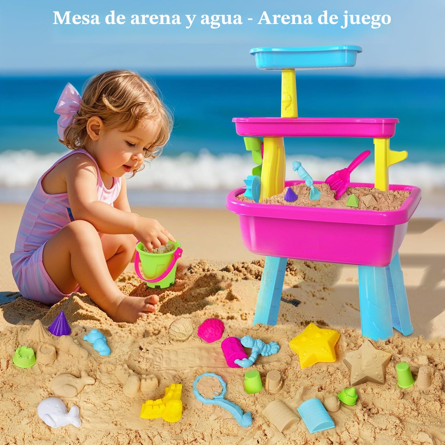 VATOS Mesa de agua de 3 niveles para niños 1-3, 37 piezas mesa de agua para niños lluvia ducha Splash Pond Set para patio trasero al aire libre, actividad sensorial mesa de agua arena mesa de verano