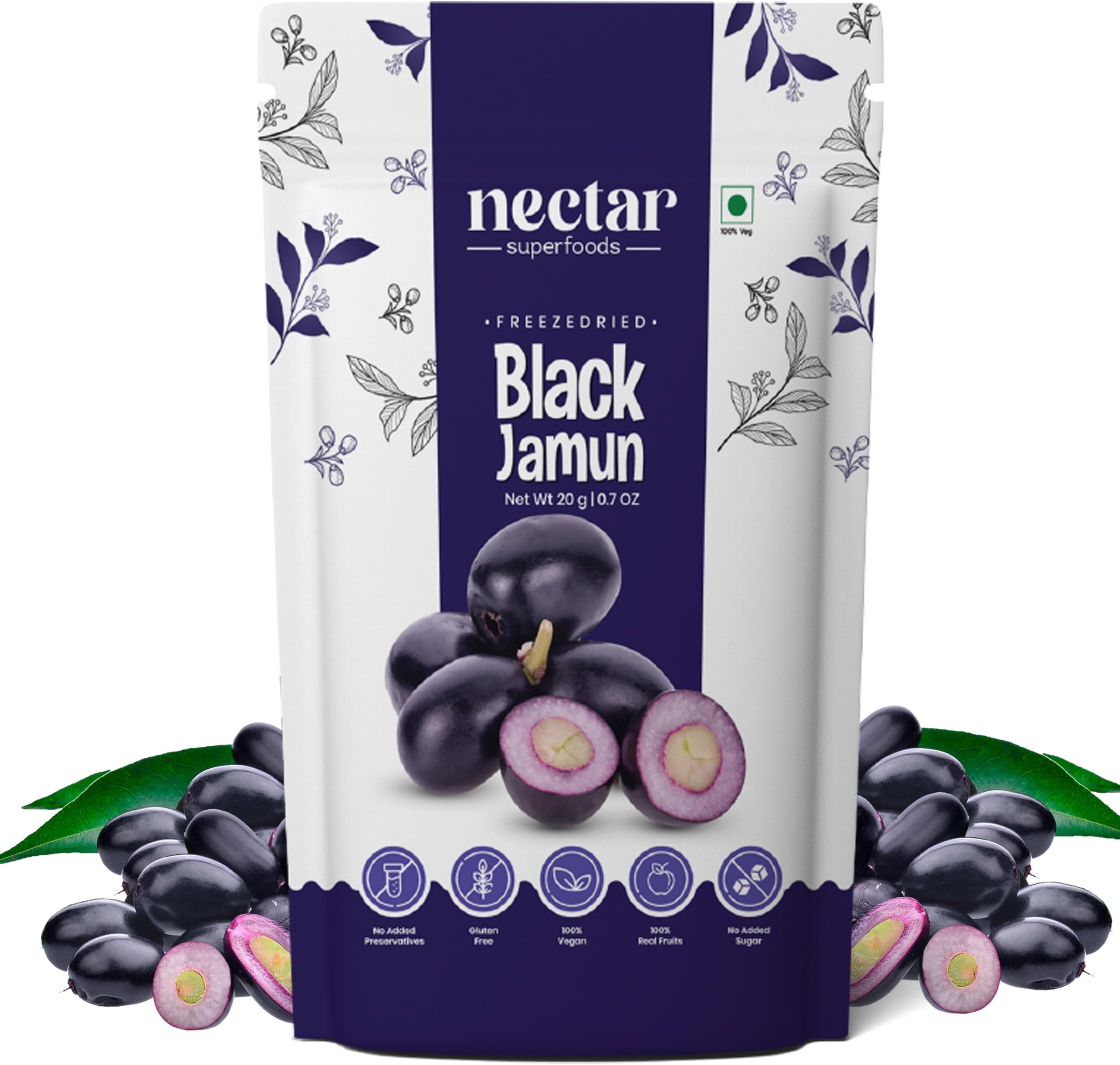 Nectar Superfoods Freeze Dried Black Jamun | No Preservatives, No Added Sugar, Healthy Dried Fruit | 100% Natural, Vegan, Gluten Free Snack for Kids and Adults | 20 gram Pouch (PACK OF 1)