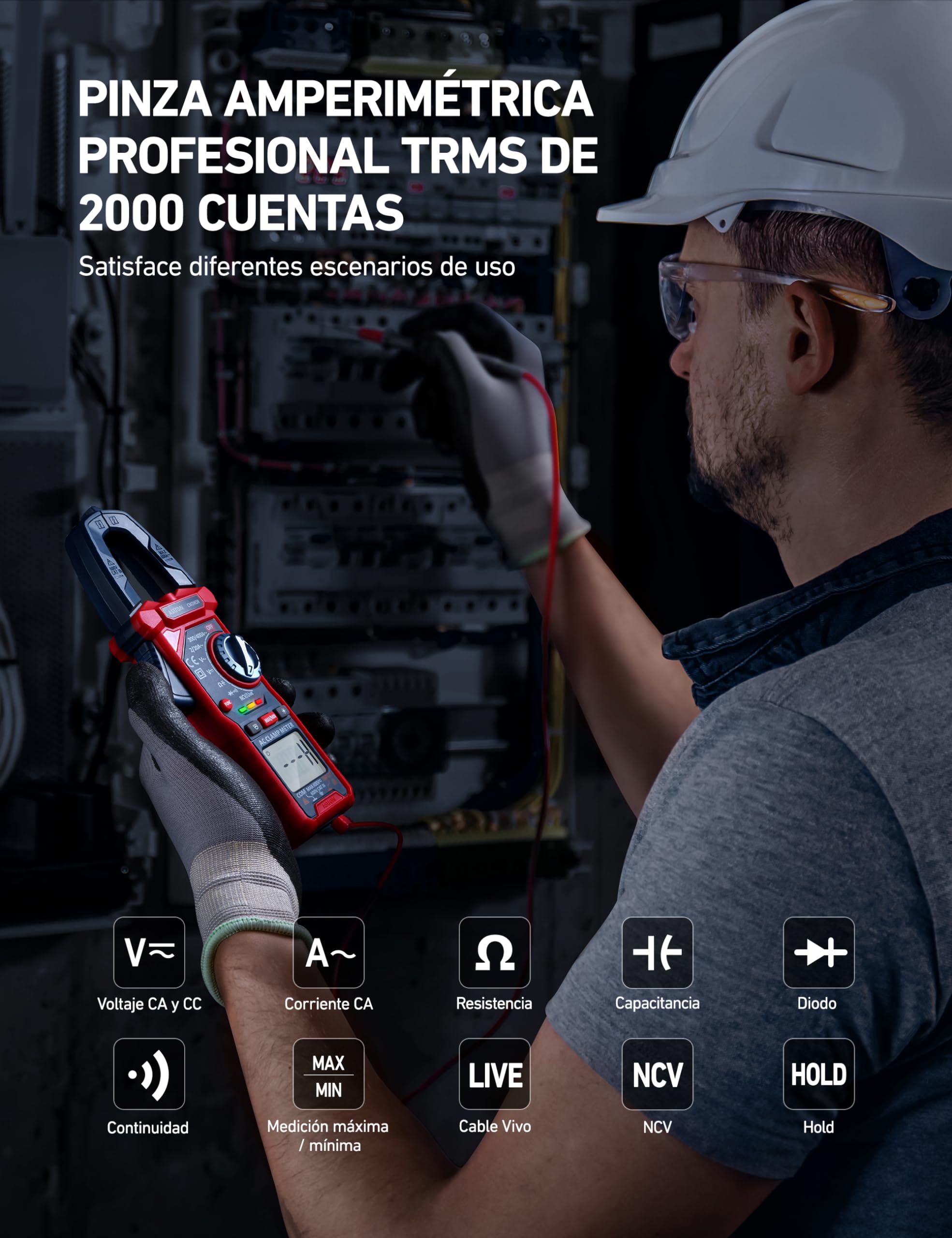 AstroAI Pinza Ampérimetrica, Multímetro Digital Profesional, Polímetro, Voltímetro, Tester para Corriente CA, Voltaje CA/CC, Resistencia, Frecuencia, Capacitancia, Continuidad, Diodos de Prueba — view 2
