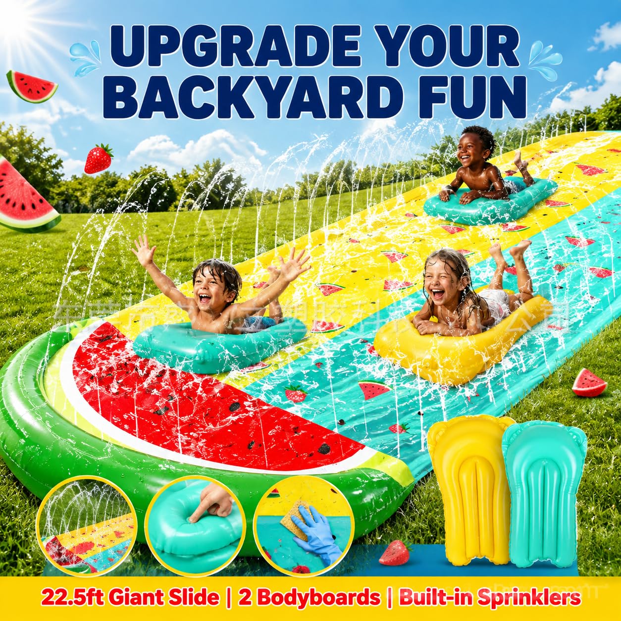 Riesige Wasserrutsche | 22,5 Fuß / 685,5 cm Heavy Duty Rasen Wasserrutsche mit eingebautem Sprinkler und 2 Rutsch aufblasbare Bretter für Party im Sommer Garten Rasen im Freien (HT-01)