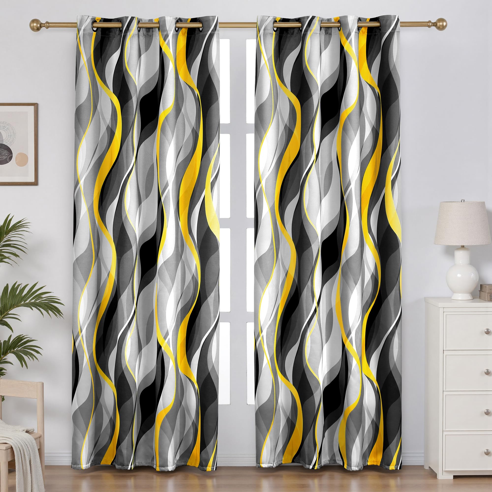 weesire Yellow and Grey Curtains Modern Striped Decorative 50% Light Blocking Darkening Grommet Yellow Curtain for Living Room Villa, Bedroom Gray and White 2 Panels Set, 52x84 Inches