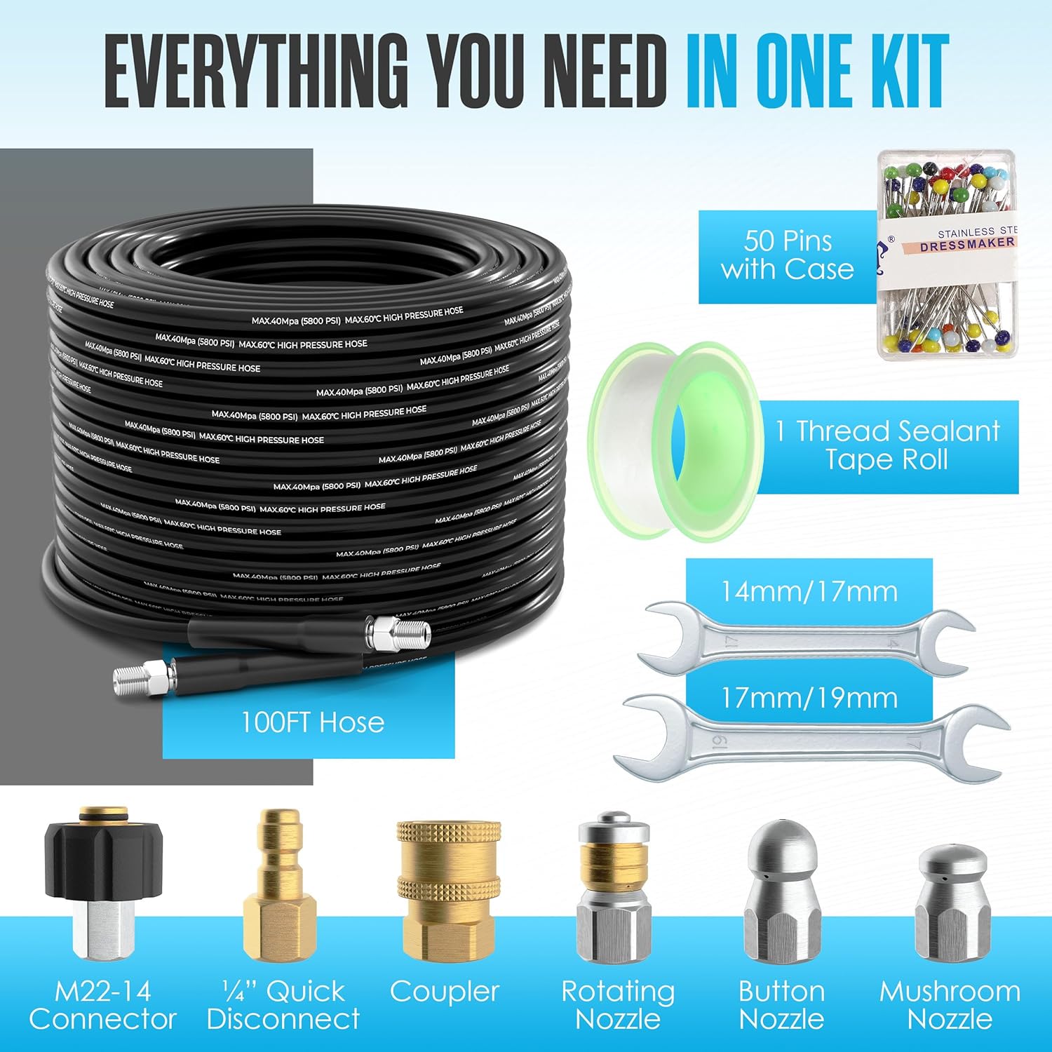 Houseables Hydro Jetter, Hydro Jet, Hydrojet, Sewer Jetter Kit for Pressure Washer, Water Jet Drain Cleaner, Sewer Line Cleaning, Pressure Washer Drain Cleaner, Culvert Cleaning Tool, Hose Kit, 100 FT