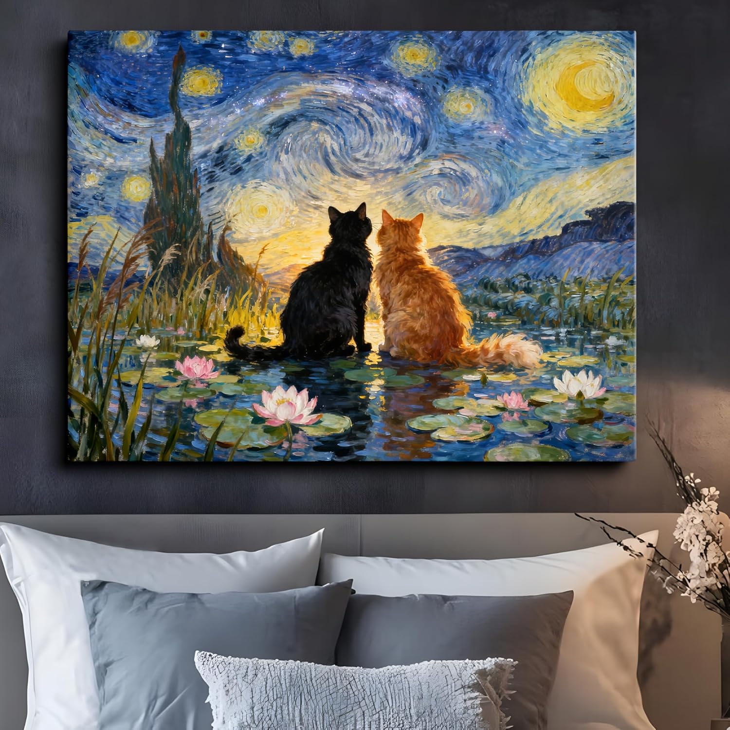 TimAsh Starry Night Cat Canvas Art, Van Gogh Black Cat & Orange Cat Painting – Vintage Abstract Aesthetic Print for Farmhouse, Living Room, Bedroom, and Office Wall Decor 24L x 16W