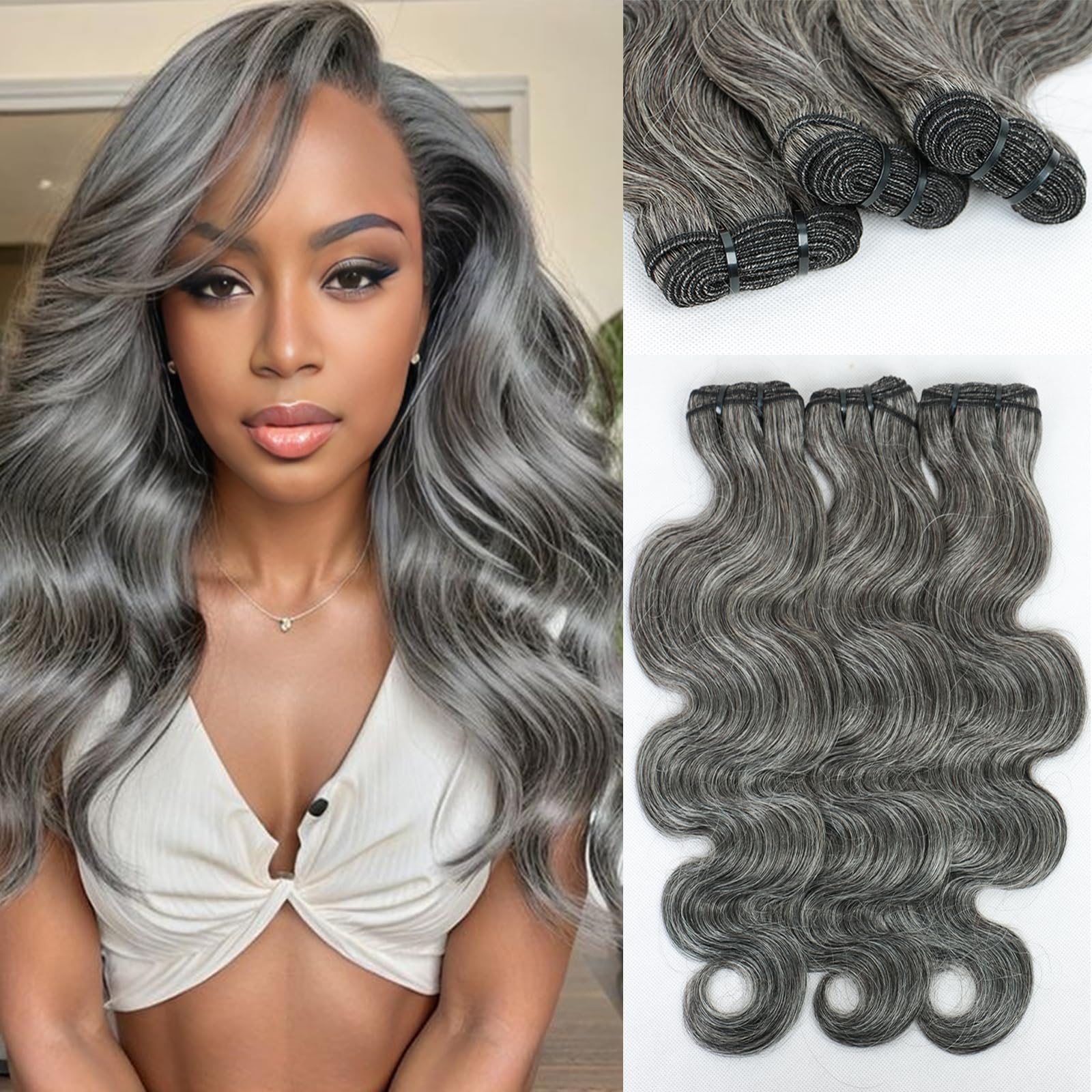 Amazon.com : Grey Body Wave Bundles Human Hair 16 18 20 inch 