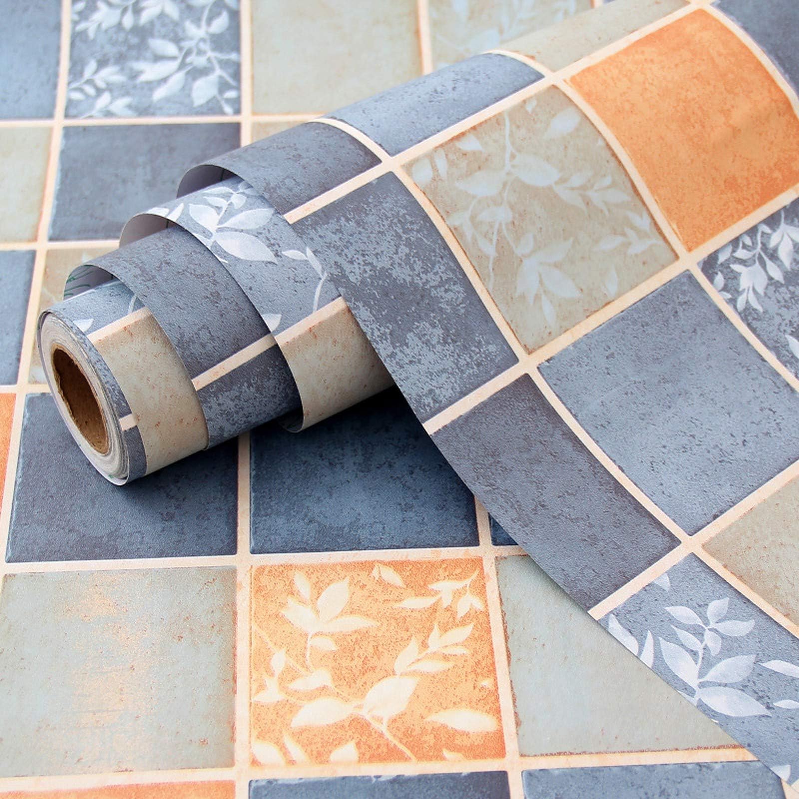 Kitchen Wallpaper Wall Sticker (45 x 300 CM, Blue & Orange) | Kitchen Tiles Pattern | DIY Wall Stickers for Stove Backsplash Countertop | Self Adhesive PVC Vinyl Decorative Home Décor Roll