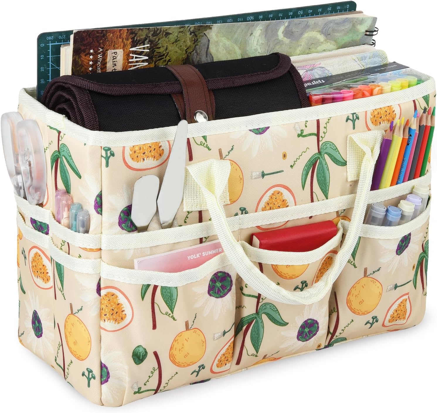 Craft Organizer Tote Bag with Multiple Pockets, Large Art Storage Caddy with Handles for Art, Craft, Sewing, Make-up，Scrapbooking, Medical, and Office Supplies Storage.Orange Fig