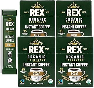 Rex Coffee Organic Fairtrade Decaf Freeze-Dried Instant Sticks – Naturally Decaffeinated Arabica, 100 Single-Serve Packs, Mountain Water Process, Lab Tested for Mold & Mycotoxins