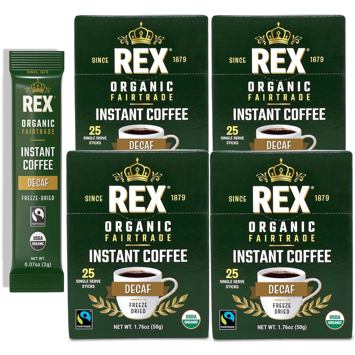 Rex Coffee Organic Fairtrade Natural Decaf Freeze-Dried Instant Sticks – Naturally Decaffeinated Arabica, 100 Single-Serve Packs – Lab Tested for Mold, Mycotoxins, Heavy Metals, & Acrylamide