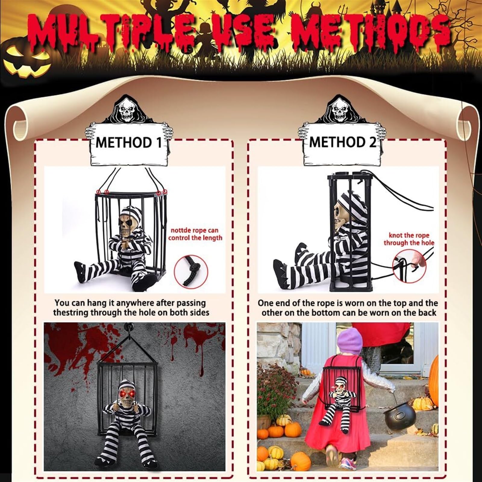 Krzyczące Animowane Wiszące Dekoracje Na Halloween Na Zewnątrz W Pomieszczeniu Straszny Szkielet Klatka Więzień Wiszący Rekwizyt Ze Strasznym Dźwiękiem Czujnik Dotykowy Podświetlane Oczy Wystrój