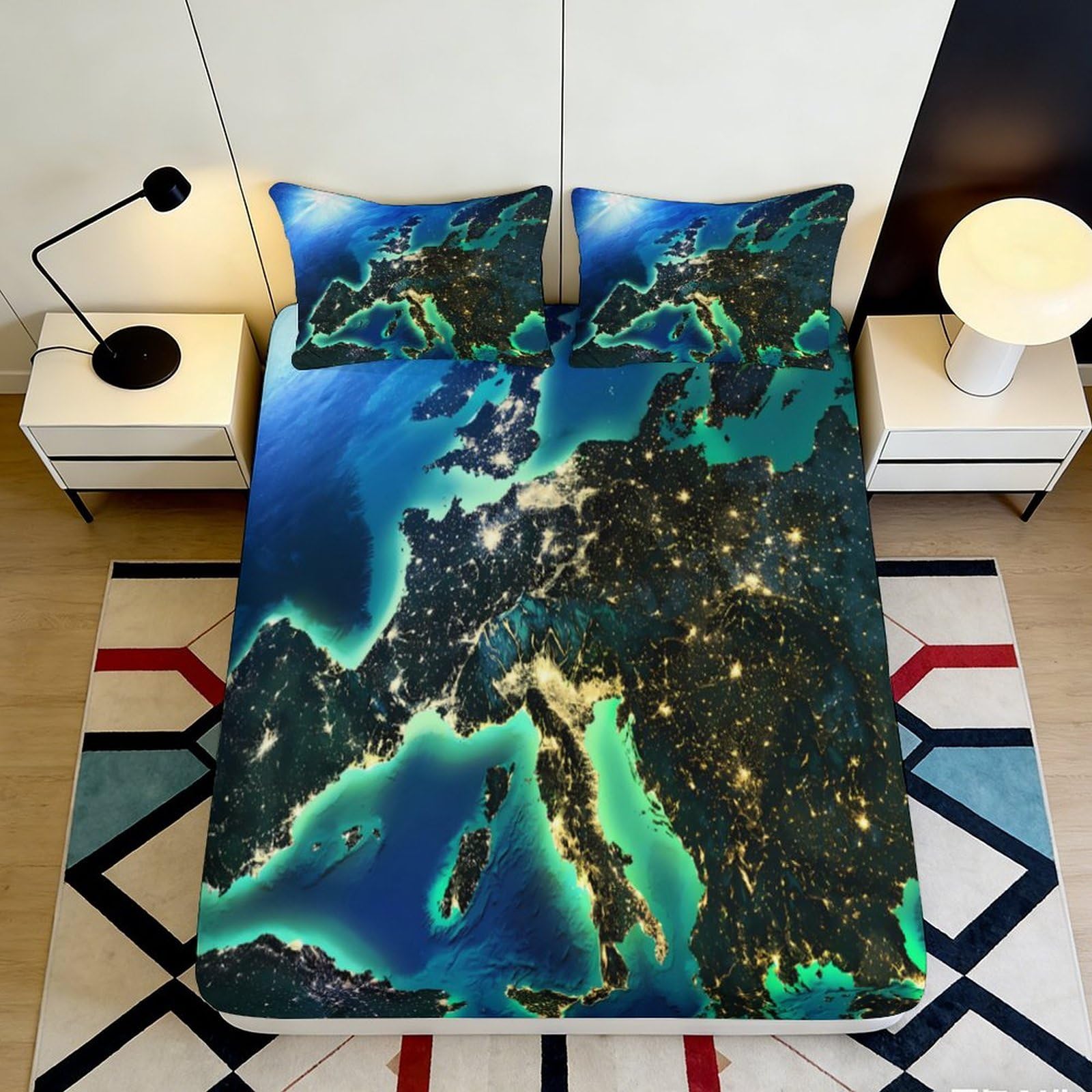 3D Printed Night Europe Map Fitted Sheet Microfiber Soft Mattress Cover for Bedroom Guest Room Dorm Decor 90x200x25cm
