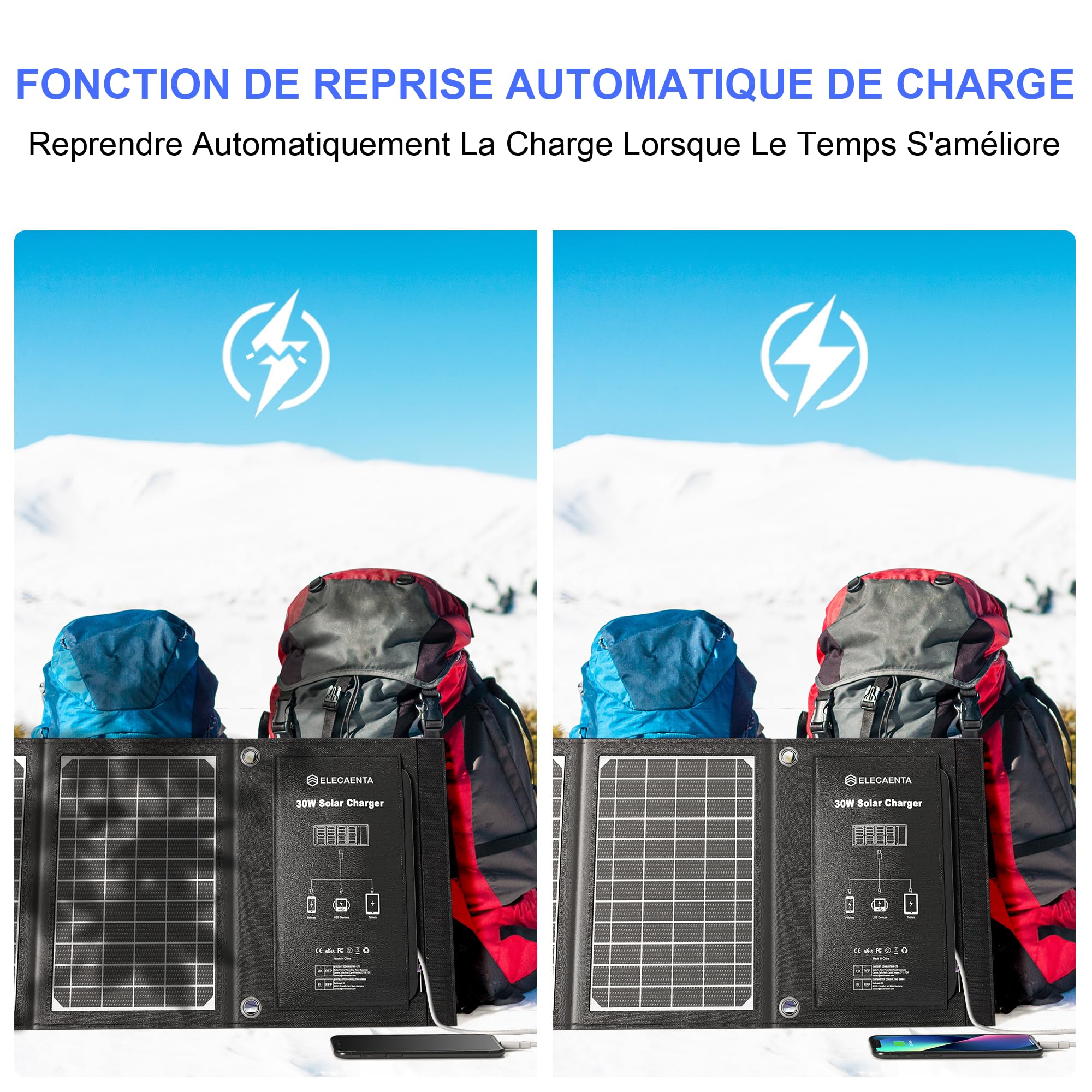 ELECAENTA 30W Chargeur Solaire Randonnée avec 3 USB QC 3.0 Type C PD18W Portable Panneau Solaire Pliable IPX5 Étanche pour Smartphone Tablette Powerbank Caméra Sport Camping Voyage Survie