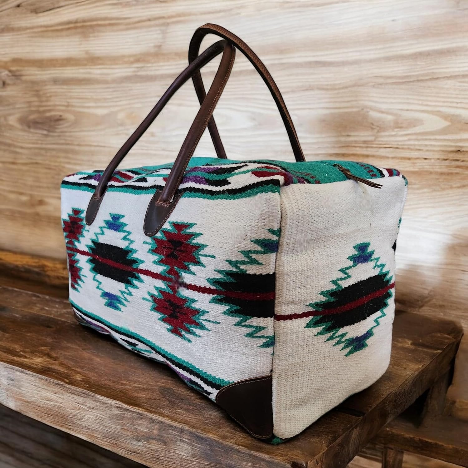 Southwestern Boho Aztec Maren Large Weekender Duffel Bag Handwoven 100% Leather Handles