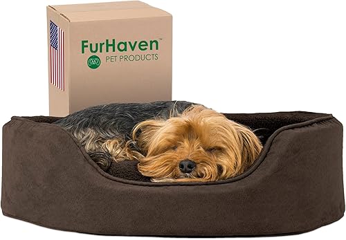 Cama para perro Furhaven Pet ovalada, redonda, para relajarse y no tener ansiedad, con base extraíble para perros y gatos, con múltiples estilos,