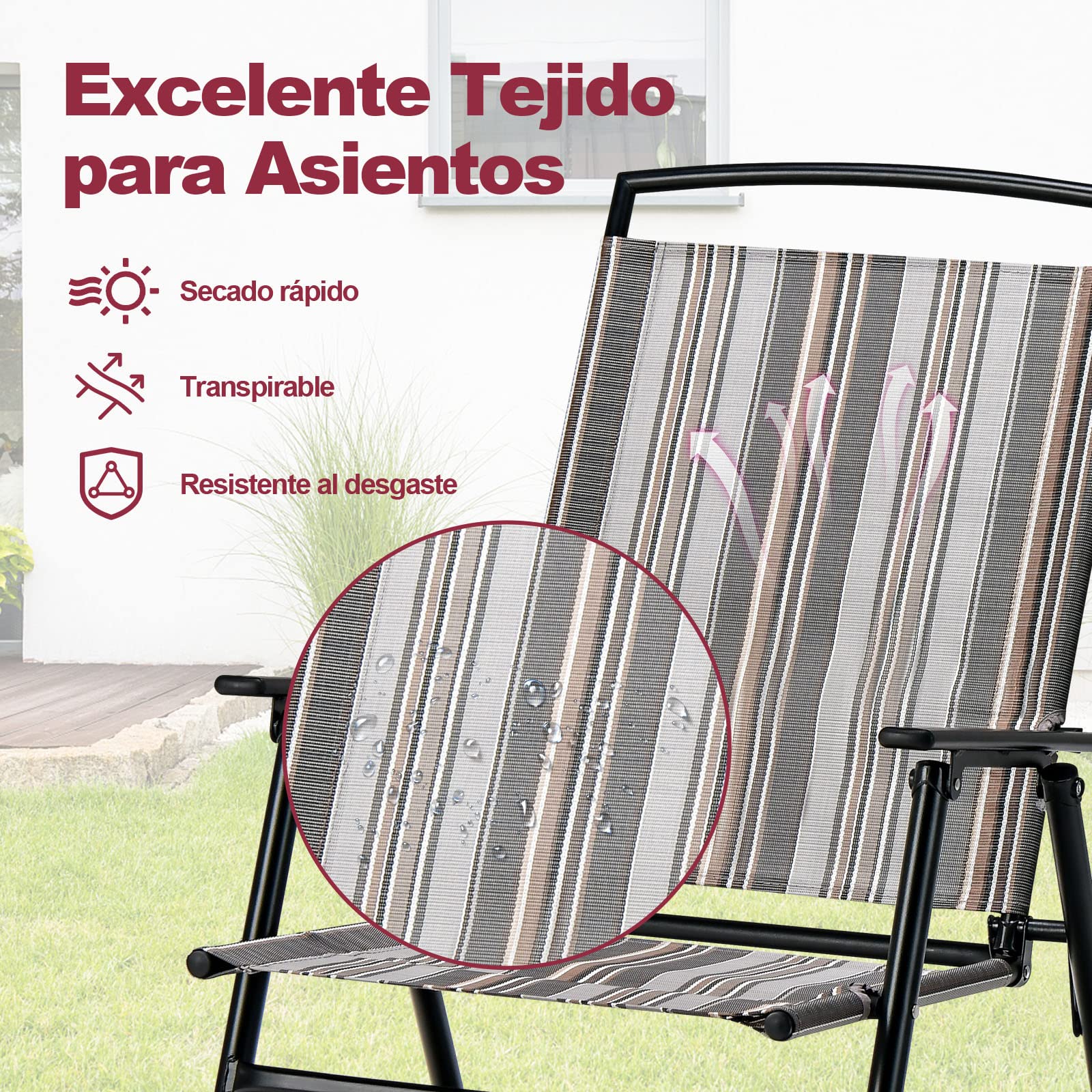 COSTWAY Juego de 2 Sillas de Jardín Plegables, 2 Sillas Terraza Exterior Tejido Transpirable, Respaldos y Reposabrazos, 51 x 61,5 x 92 cm, Sillas de Comedor de Jardín para Exterior