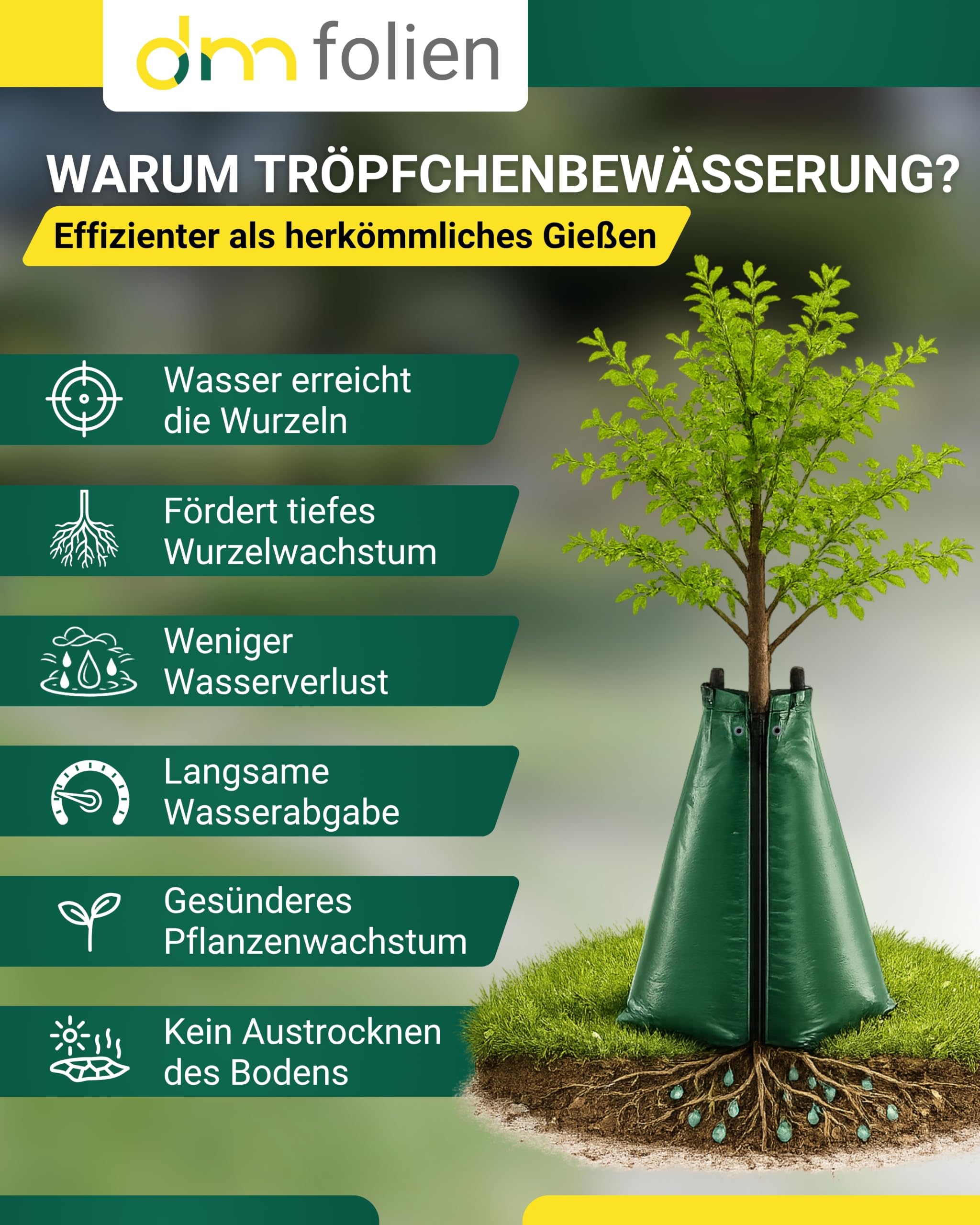 dm-Folien 5 Stück Baumbewässerungsbeutel 75 Liter I Bewässerungssack aus robustem PVC I Wassersack zur Langzeitbewässerung von Bäumen I UV-beständig bei Trockenheit & Hitze
