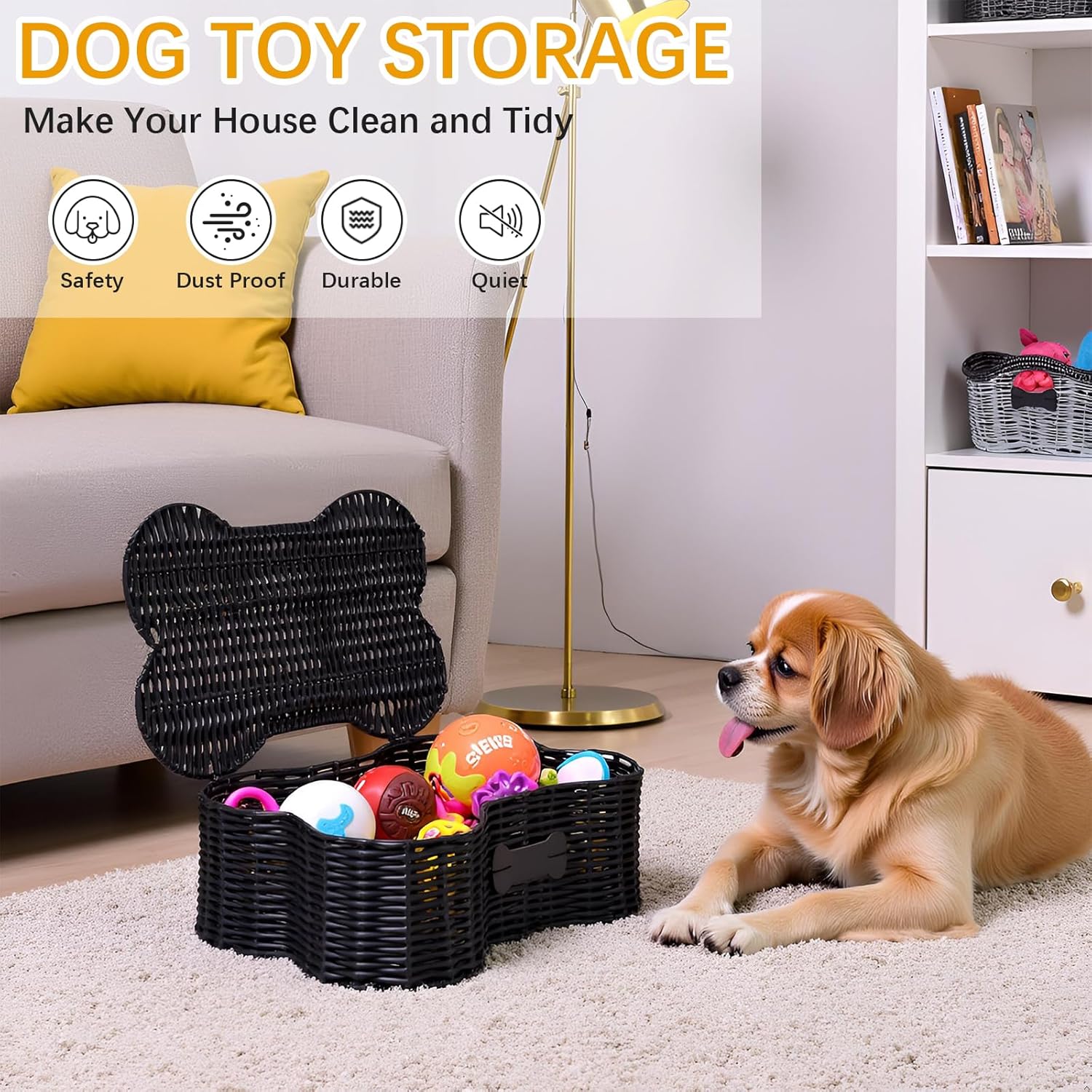 Morezi Dog toy basket bin box with lid bone shape designed personalized great for organizing chew toys leashes clothing in living room area for pet dogs cats breeds