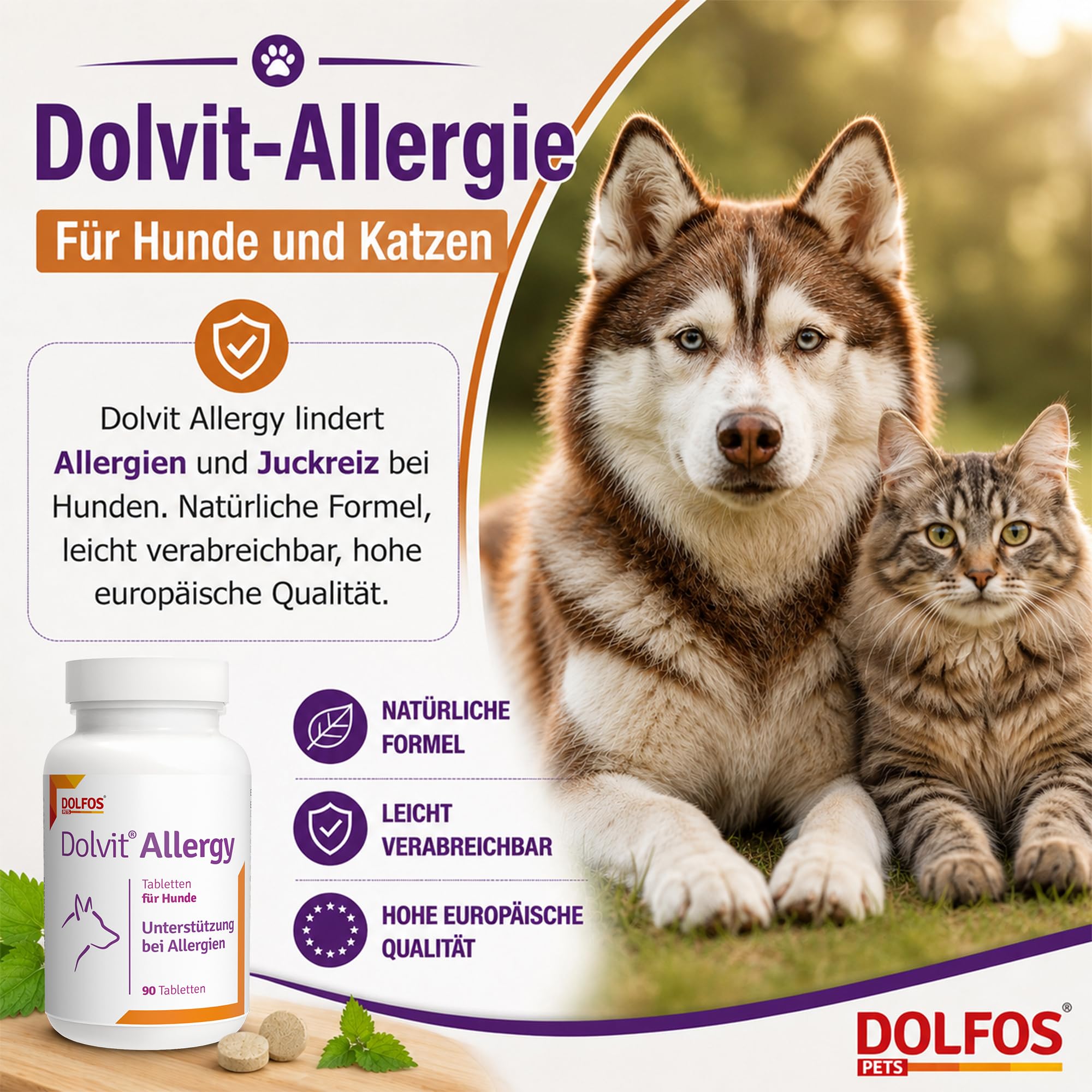 Dolvit Allergy 90 Tabletten, Allergie Tabletten für Hunde gegen Juckreiz & Dermatitis, Natürliches Ergänzungsfutter Hund zur Fellpflege, Hautgesundheit & Unterstützung bei Allergie Hund (1)