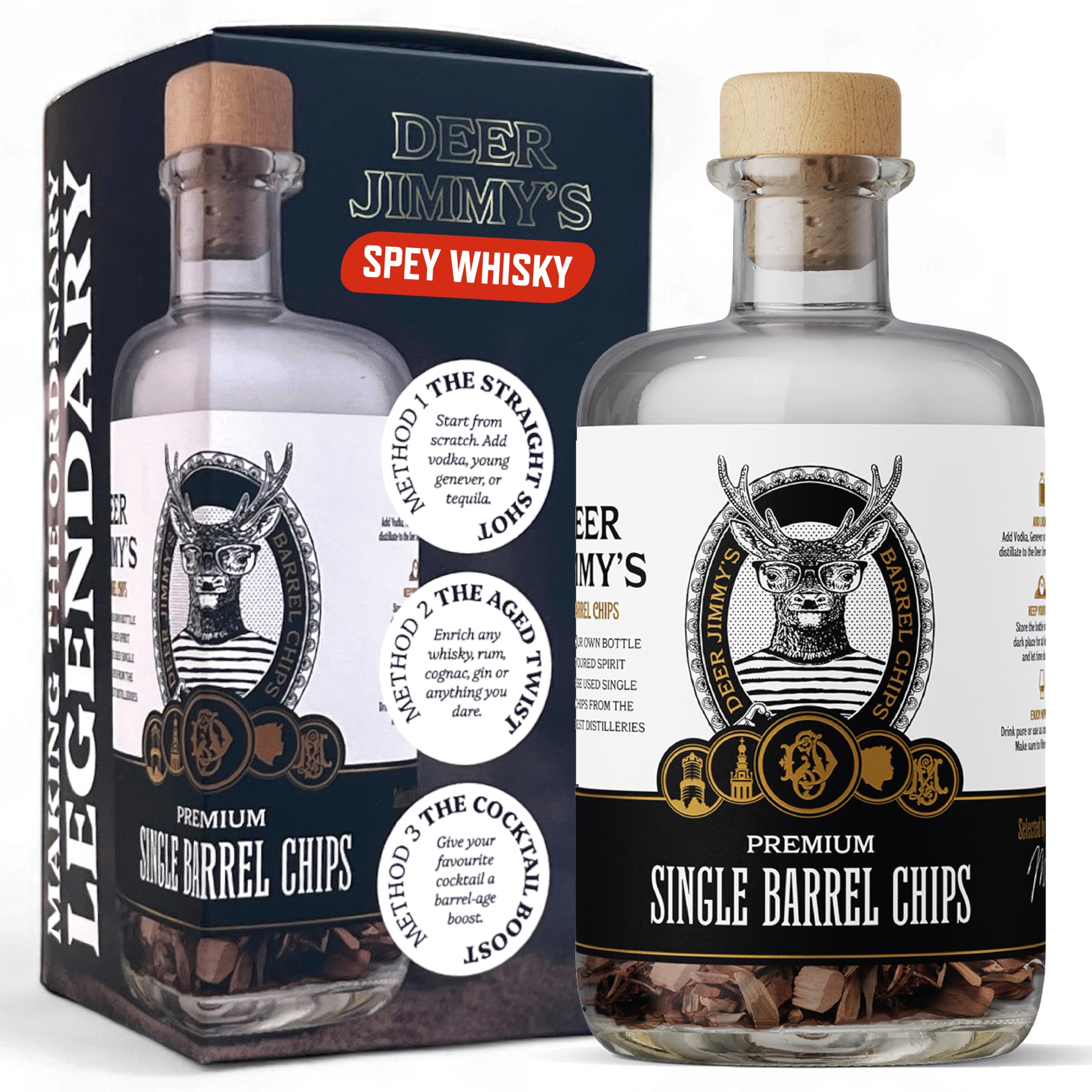 Deer Jimmy's® Coffret DIY Whisky – Fabrique Ton Propre Whisky avec du chêne Premium Issu de véritables fûts de Speyside – Maturation en fût Intense pour Tout spiritueux – Cadeau Parfait pour Homme