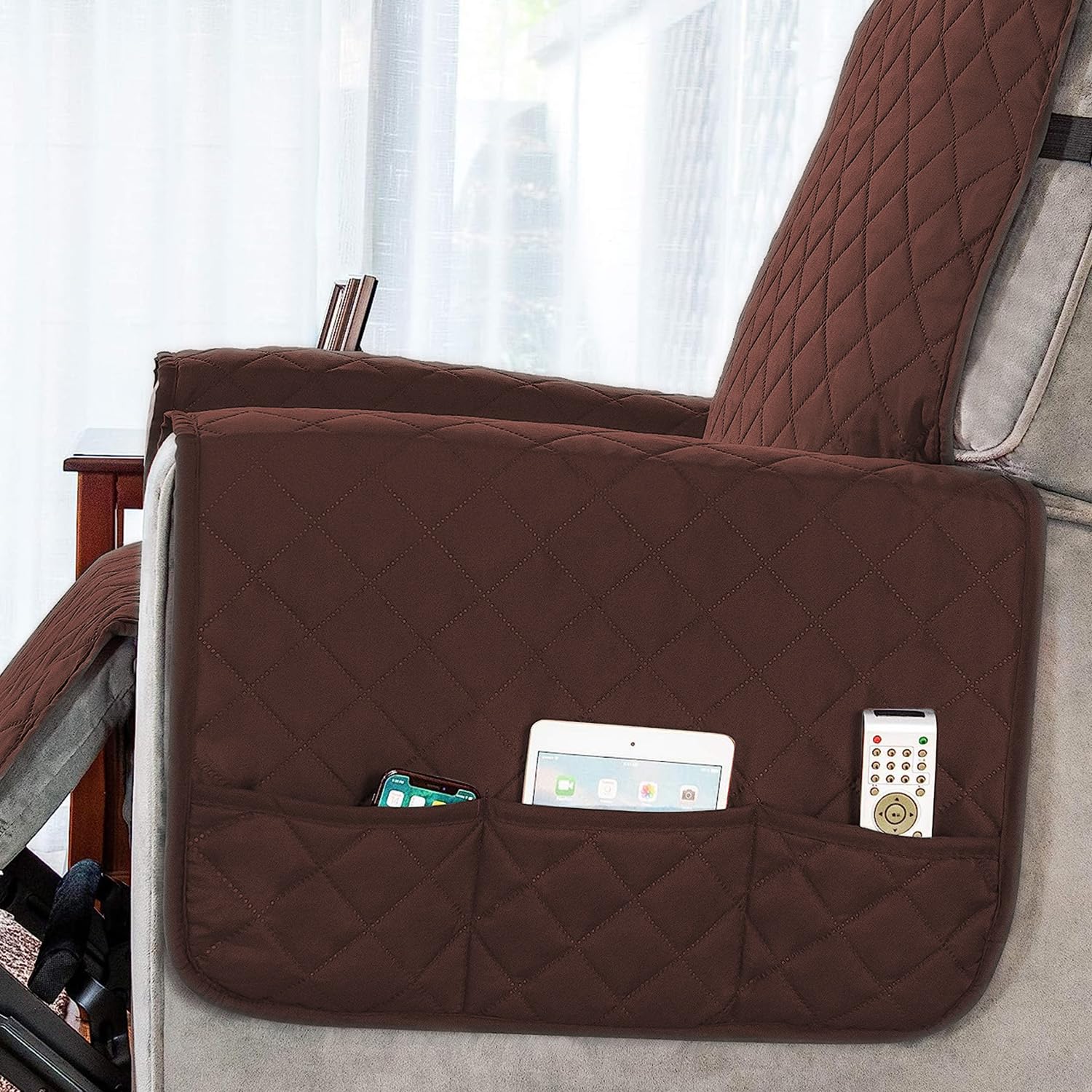 HOKIPO Polyester Quilted Recliner Chair Cover for 1 Seater with Side Pockets, Dark Brown (AR-4758-DBR) 1