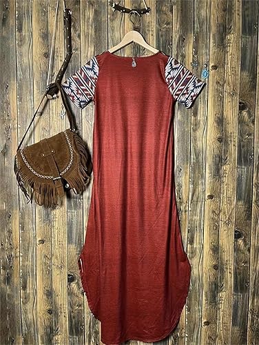 Vista 4 de Melliflo Vestido occidental para mujer, casual, cuello redondo, estampado azteca, abertura lateral, maxi vestidos largos