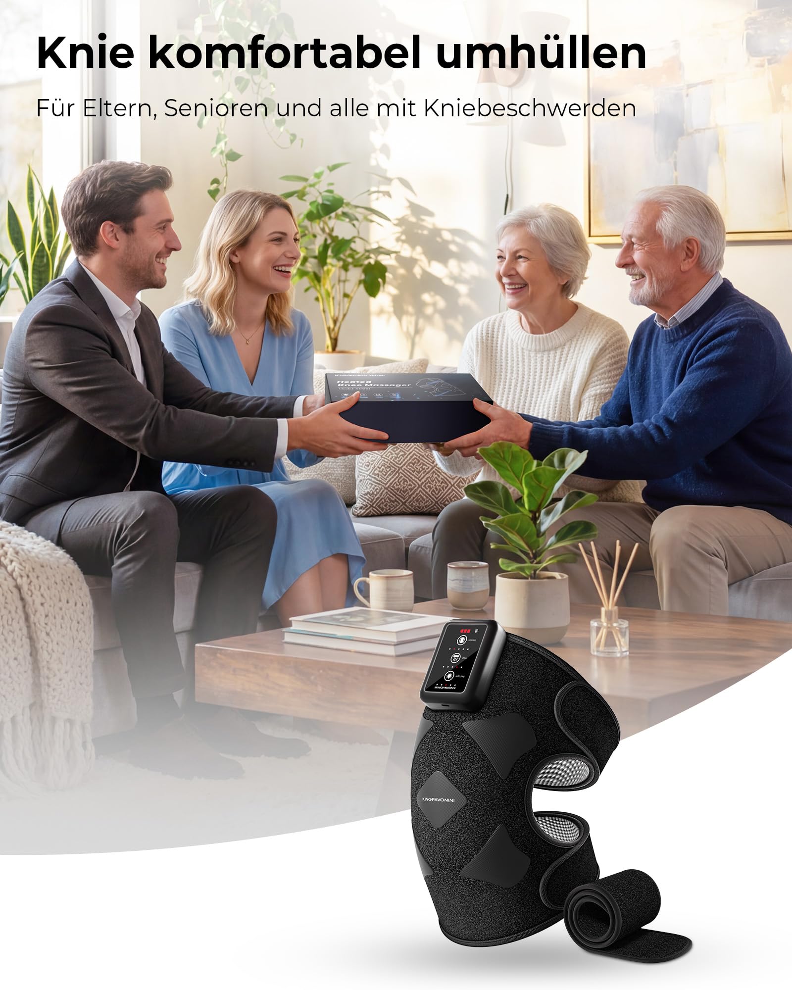 KingPavonini Kabellose Kniemassagegerät mit Wärme, Rotlichttherapie und 4-Motor-Vibration, Kniebandage Massagegerät gegen Knieschmerzen, 5 Wärmestufen & 5 Rotlichtmodi, Geschenk für Mama Papa(1 Stück)