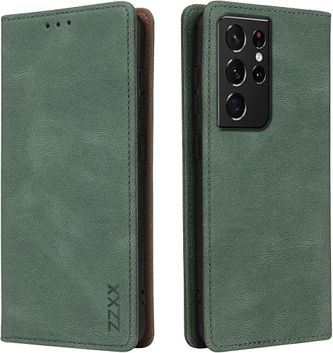 ZZXX Funda tipo cartera para Samsung Galaxy S21 Ultra con tarjetero y función atril, de piel suave, magnética, plegable, para Samsung Galaxy S21