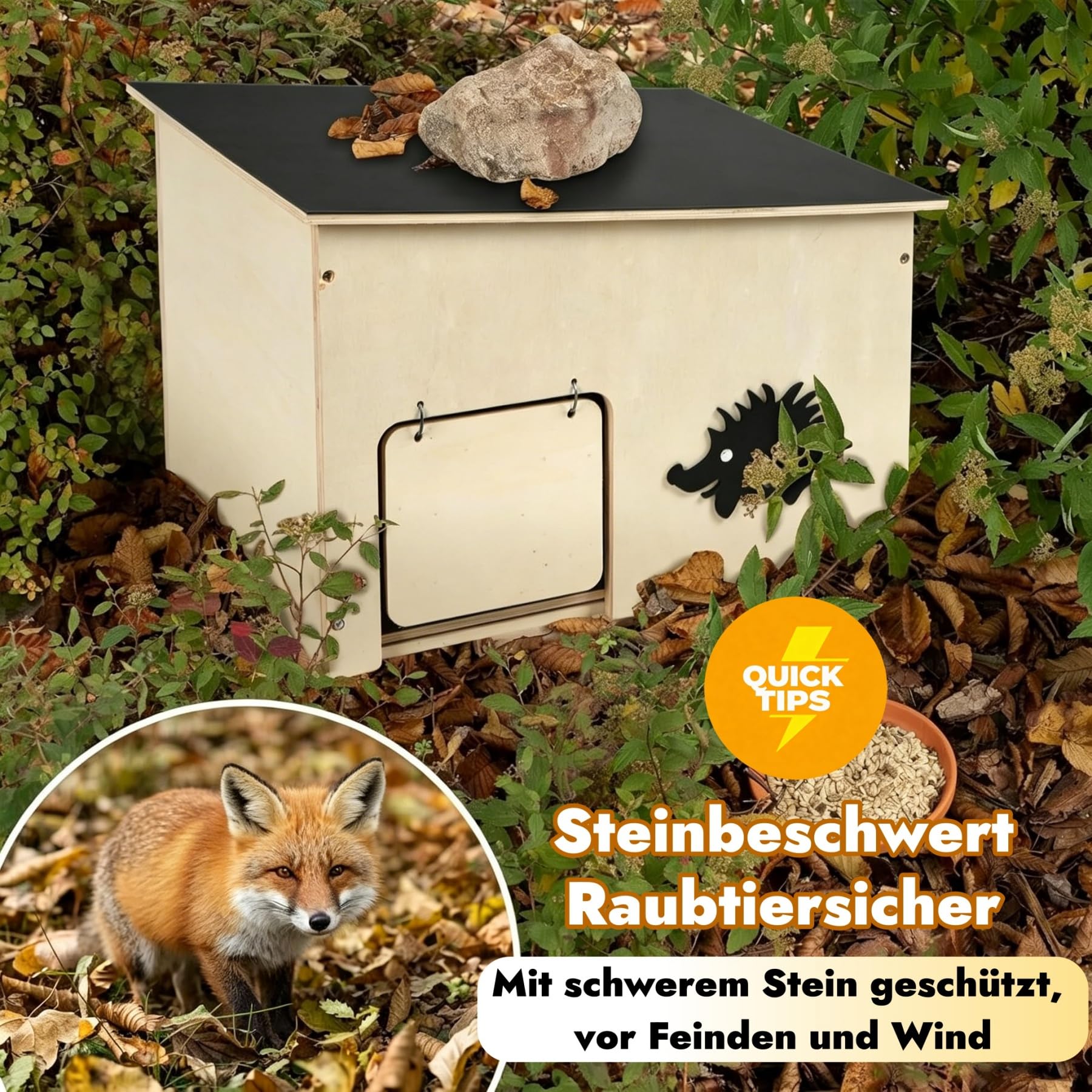 Großes Igelhaus aus Holz mit Rattenklappe und Boden, Ganzjährig Igelhotel für Sommerquartier und Winterschlaf, HBT 26 x 30 x 37 cm