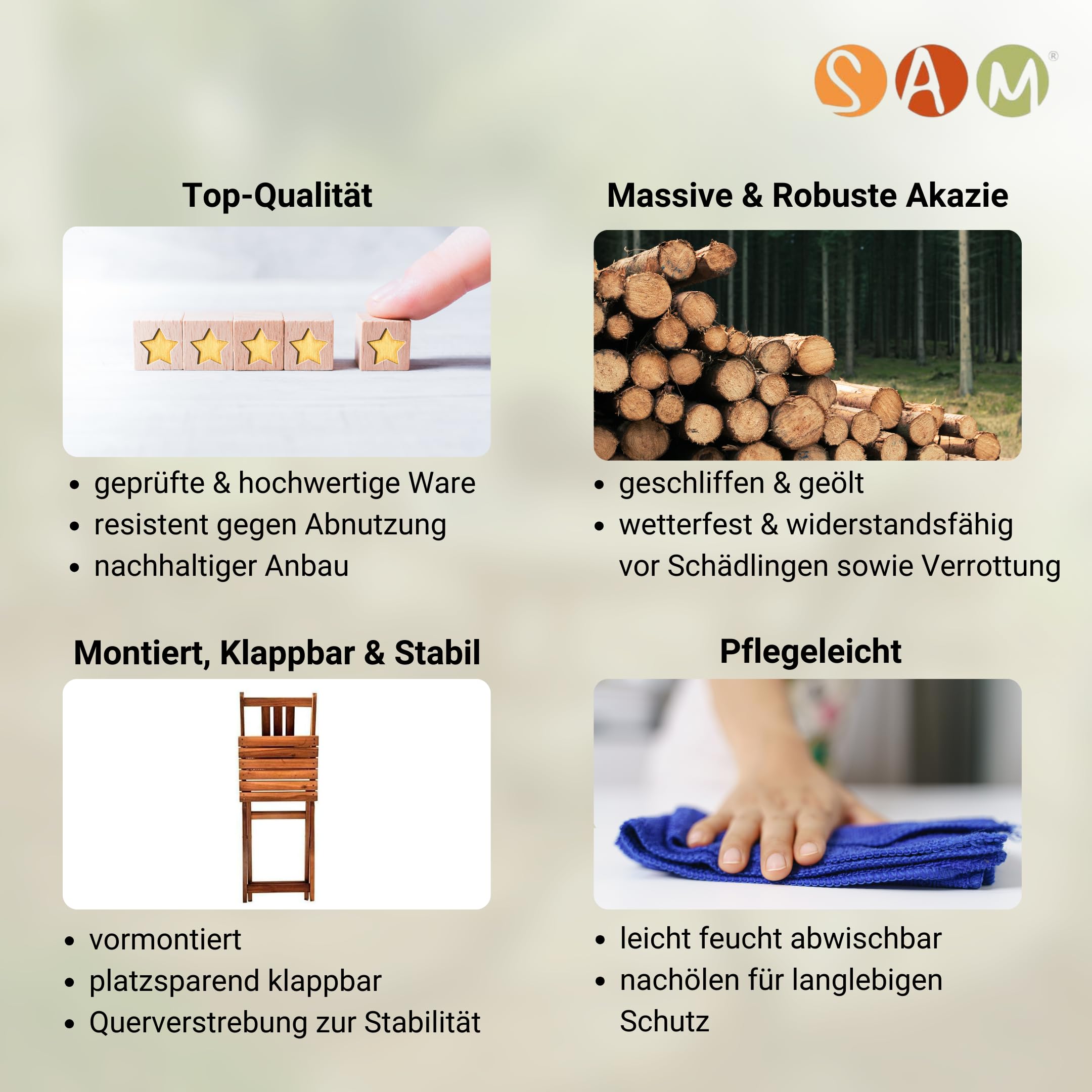 Loreno Gatrtenstuhl 2er Set aus robustem Akazienholz Klappbar Holz | Gartenmöbel Set, Balkonstühle, Wetterfest & Pflegeleicht, Ideal für Garten & Terrasse