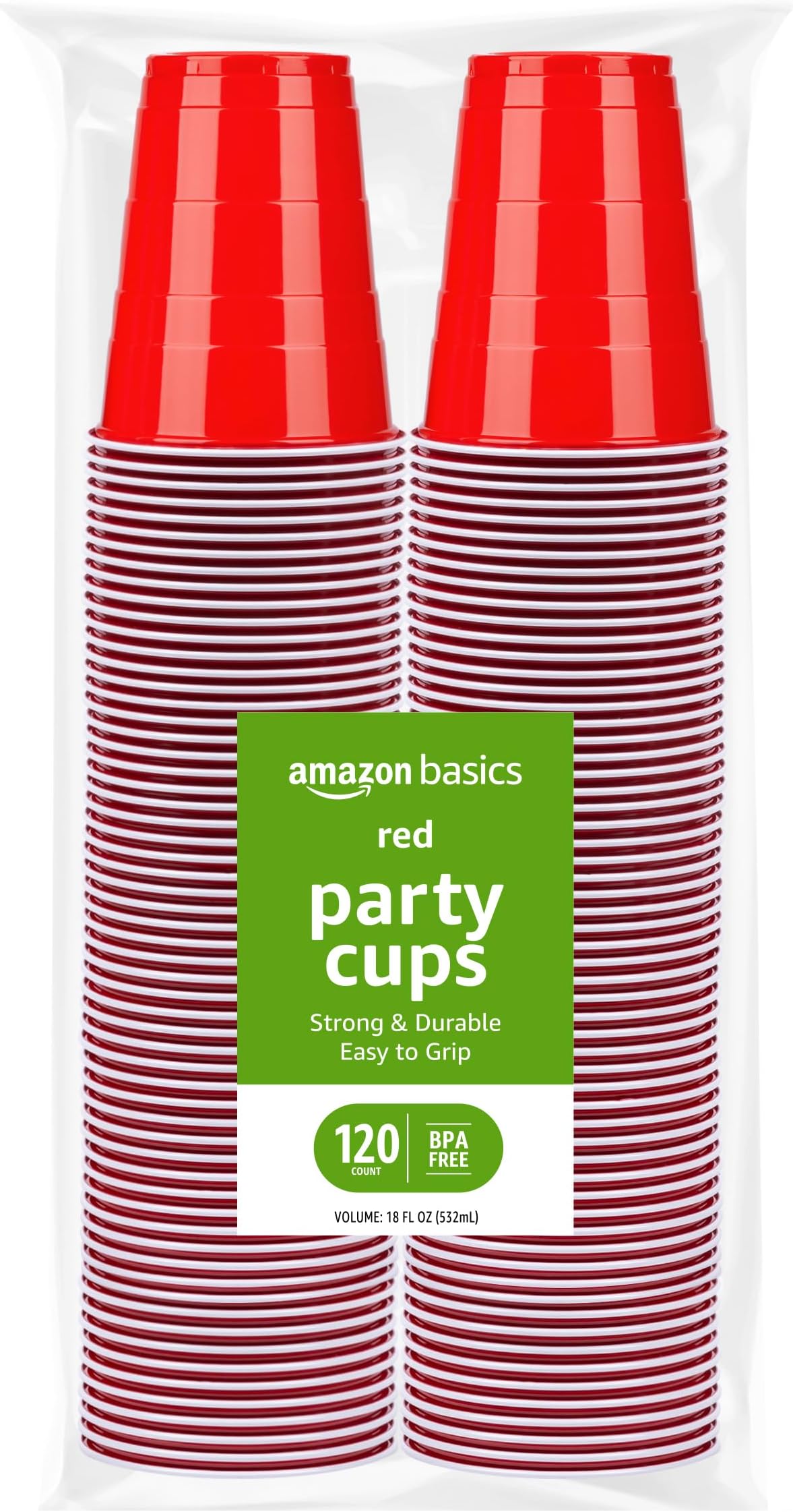 Amazon Basics Disposable Red Plastic Party Cups, BPA-Free, 18oz, for Birthdays, BBQs and Events, 120 Count