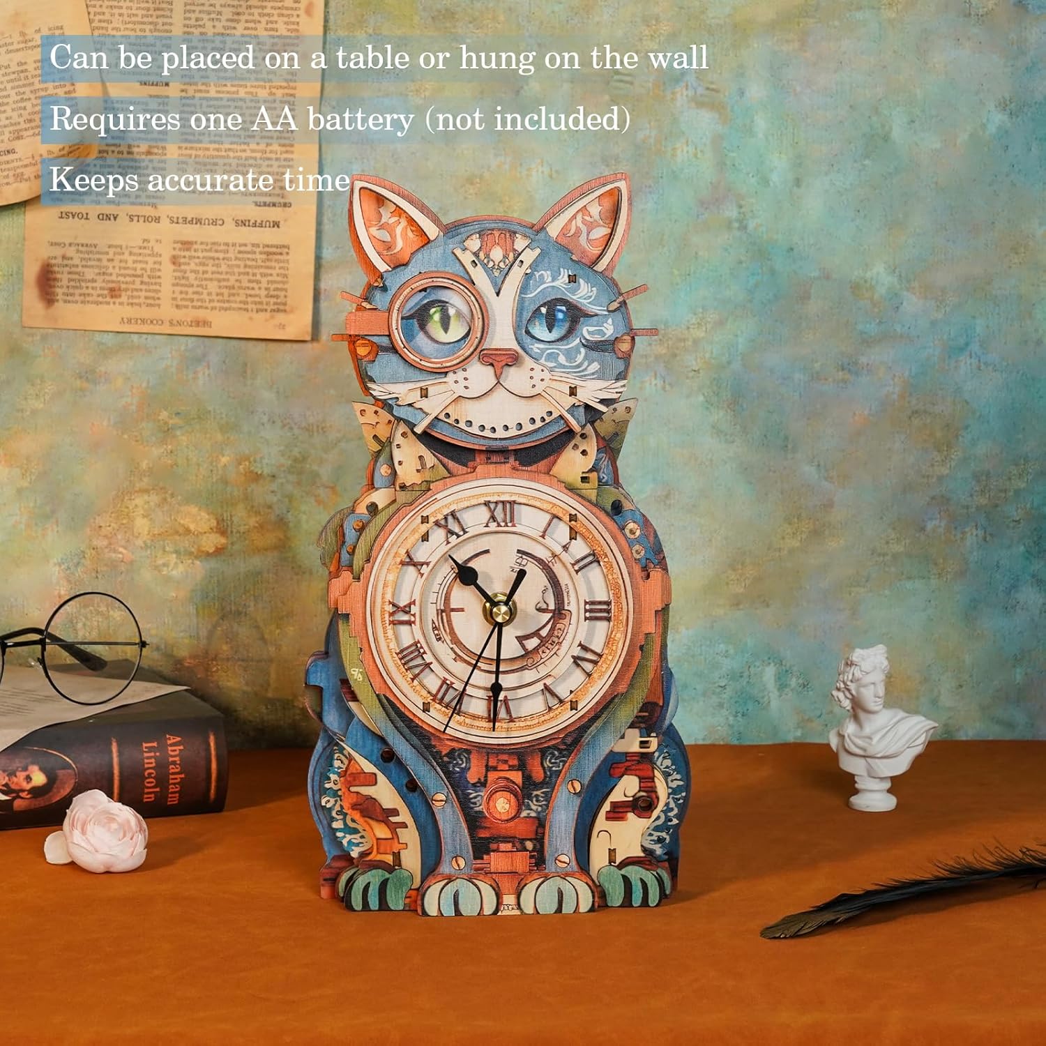 3D Wooden Puzzles for Adults Model Kit Detective Cat Clock, Mechanical Model Building Kits DIY Hobbies for Women Men, Vintage Wall Clock Puzzle Cat Lover Gifts for Adults Craft Gift Home Decor