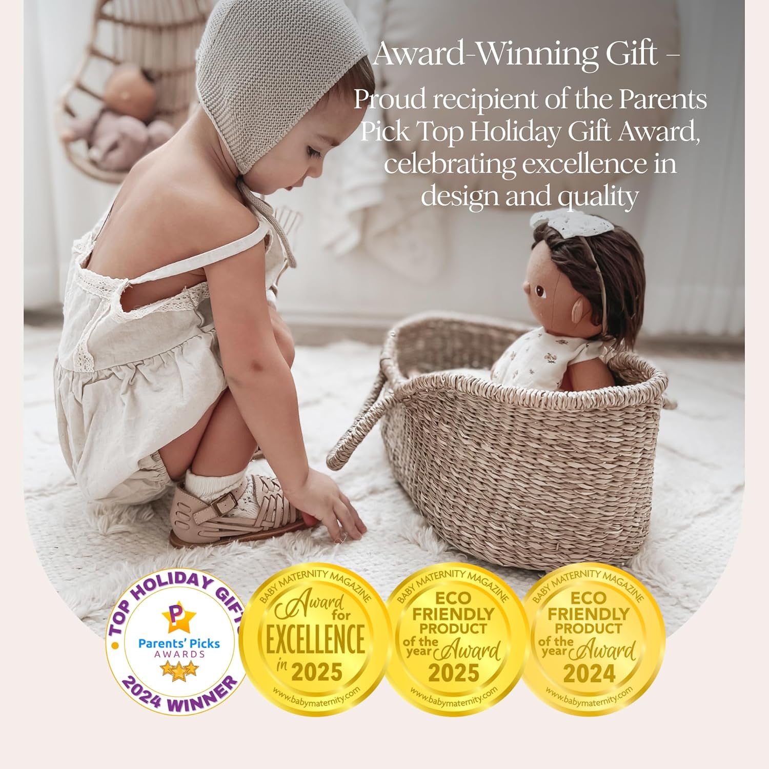 BEBE BASK Premium Baby Doll Bassinet - Handcrafted & Award-Winning Seagrass Moses Basket - Doll Carrier with Luxe Mattress