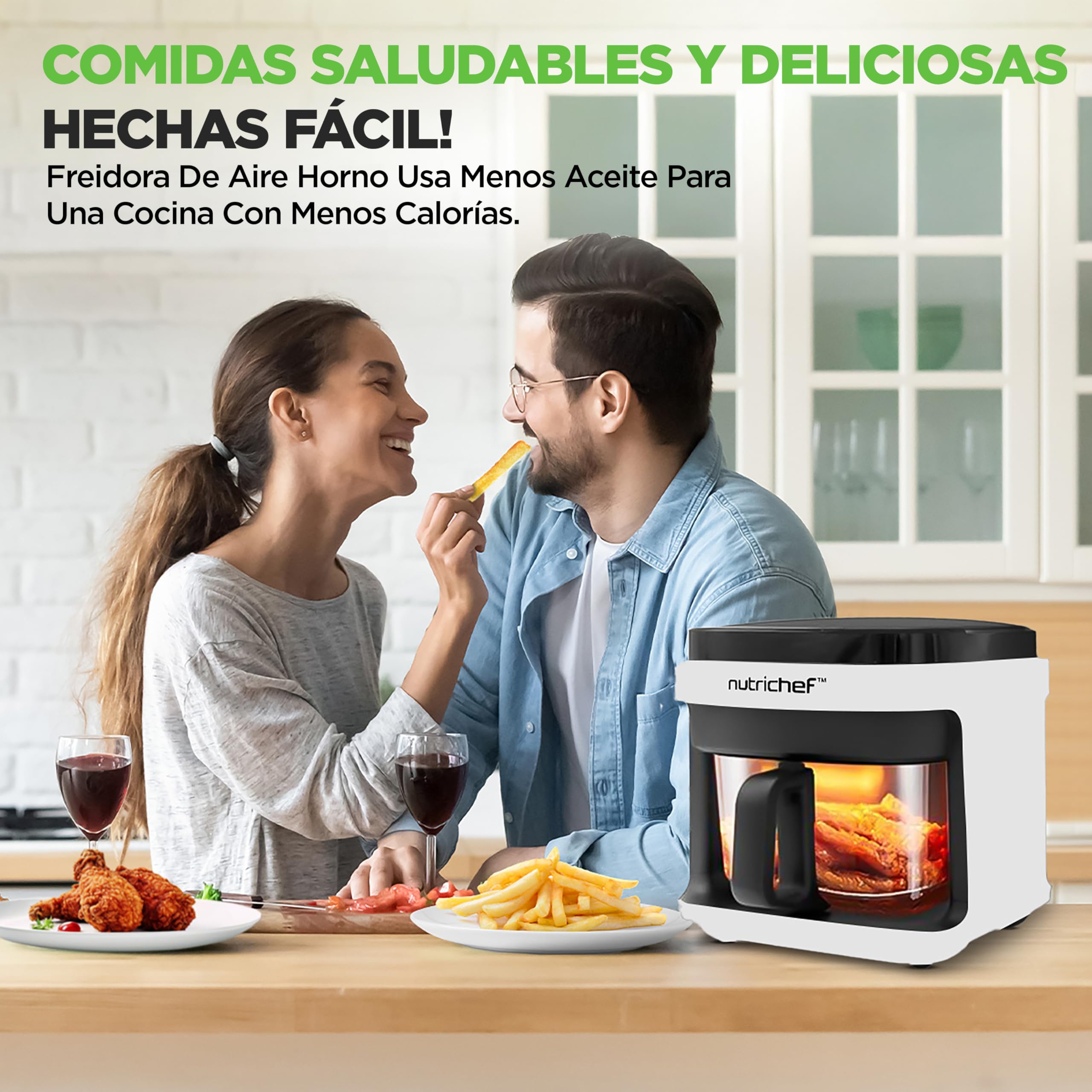 Nutrichef Freidora de Aire, 5.5L, 8 Modos de Coccion Preestablecidos, Recipiente Transparente, Control Preciso de Temperatura y Tiempo