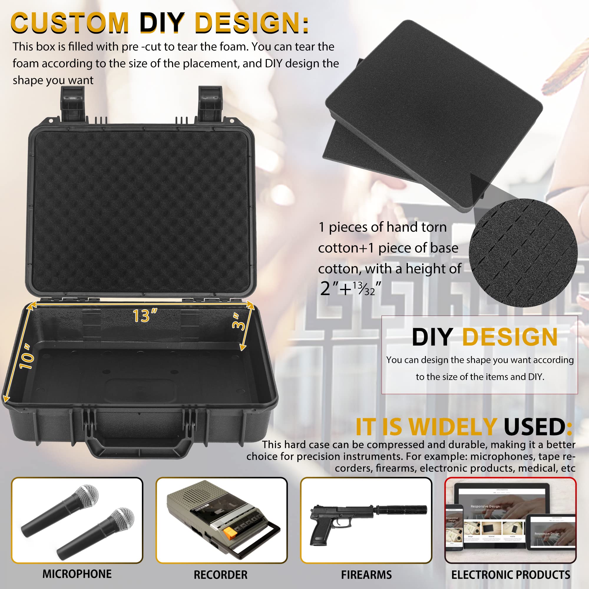 Custodia protettiva rigida impermeabile IP67/antiurto con inserto in schiuma fai da te personalizzato per fotocamera, obiettivi, laptop e altro, nero, Nero , 14 X 11.5 X 3.7 Inch, Non