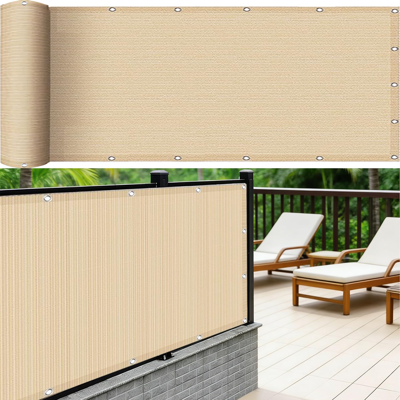 Cache vue balcon crème 1,4x3 m avec corde pour l'intimité du porche