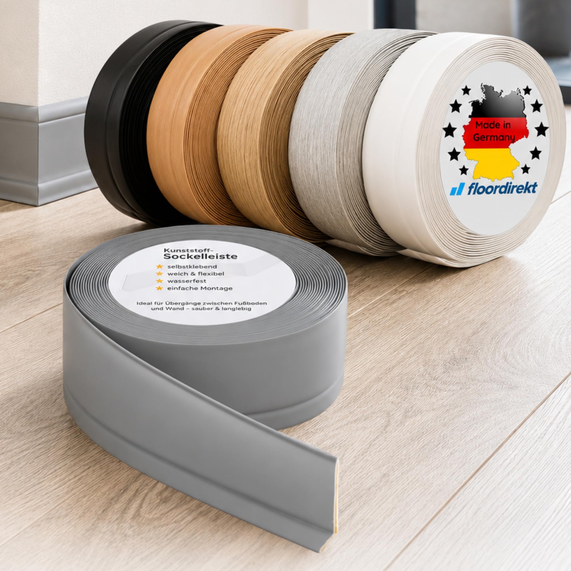 Sockelleiste Oslo | Individuell zuschneidbar | Selbstklebende Rückseite | Weichsockelleiste aus PVC in vielen Farben | 50 x 15 mm
