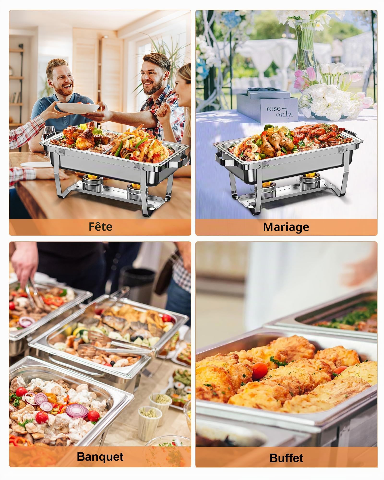 Chafing Dish Buffet 9L[Robuste et Durable], Lot de 2 récipients de Maintien au Chaud en Acier Inoxydable (Design à Bord roulé) Chauffe-Plats pour Traiteur, Buffet et fête - Silver Square