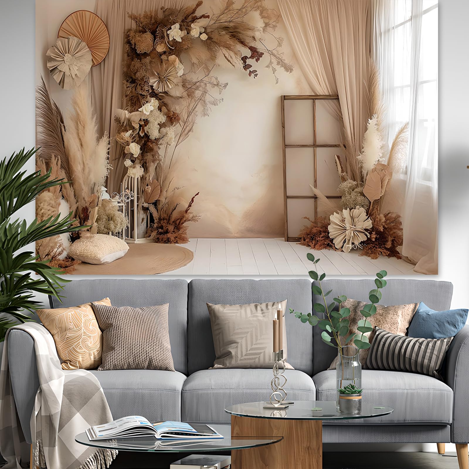 APROPHIC Tło fotograficzne w stylu boho, 2,1 x 1,5 m, tło retro z trawą pampasową, tło fotograficzne, nadaje się na wesela, urodziny, ściany fotograficzne, tła portretowe, tło fotograficzne, brązowe