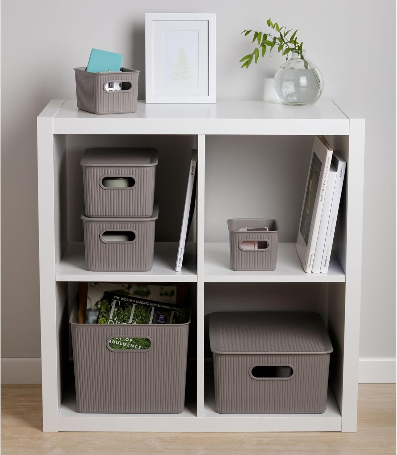 Decorative Plastic Basket Lidded Home Storage Bins Organizer Baskets, Medium Taupe (1 Pack - 5 Liter) Stackable Container Box, for Organizing Closet Storage Bins for Shelves - Ribbed Collection