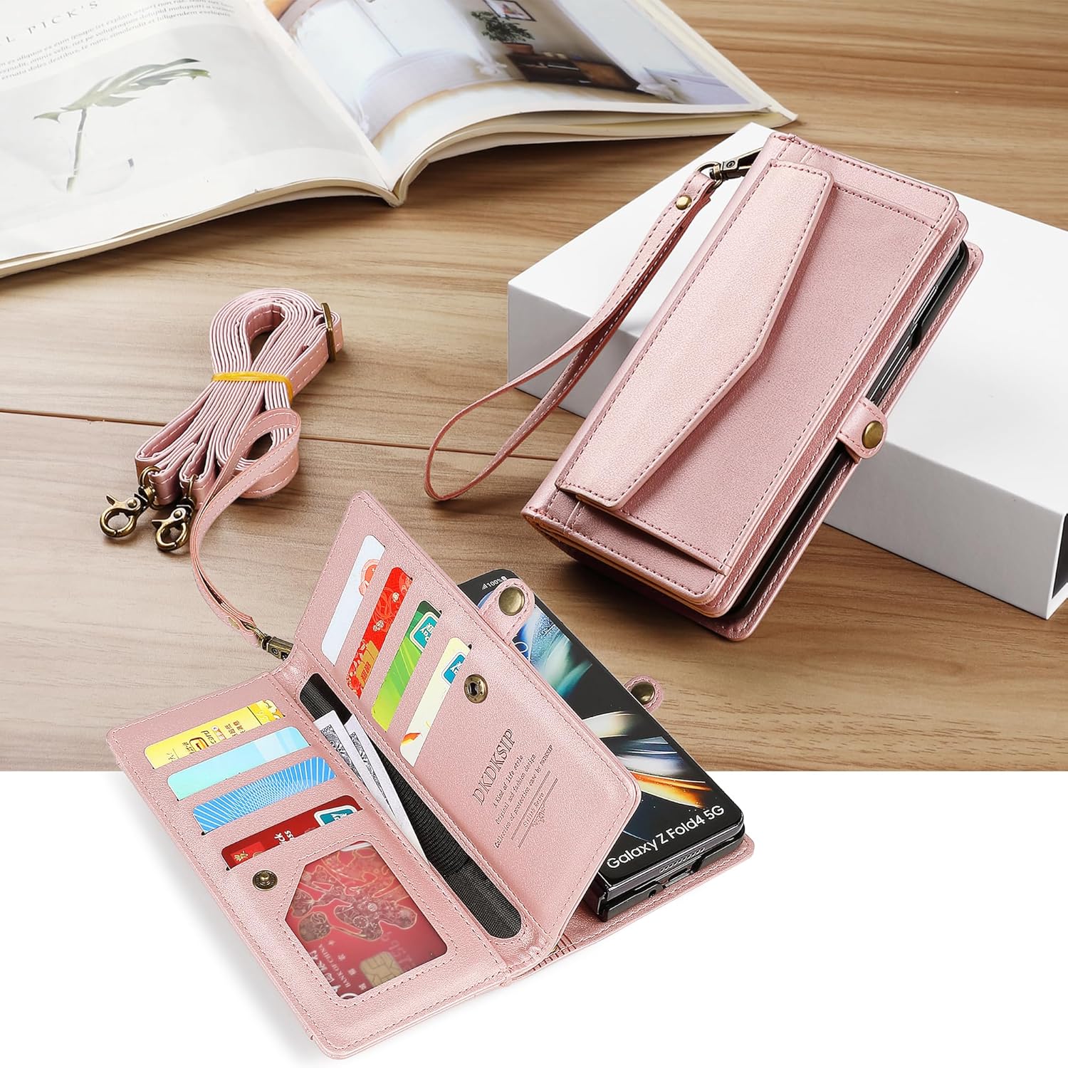 for Samsung Galaxy Z Fold 4 Wallet Case for Women with 【S Pen Holder】, RFID Blocking Card Holder, PU Leather Flip Phone Case with Crossbody Strap Wristlet Kickstand for Galaxy Z Fold 4, Pink