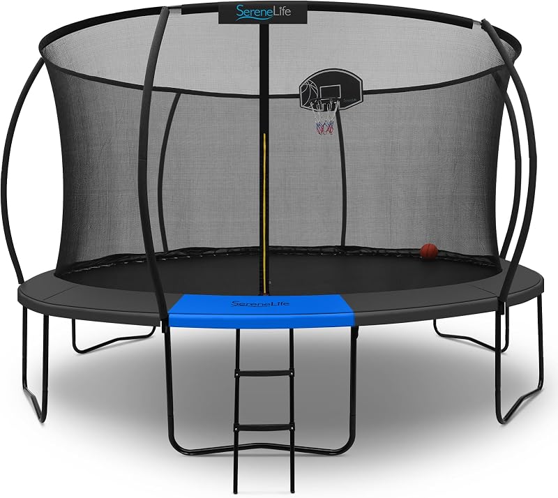 SereneLife Trampoline Outdoor 10FT 12FT 14FT with Enclosure Net, Ladder and Anti-Rust Coating - ASTM Approved Recreational Trampolines - Heavy Duty Yard Trampolines for Kids and Adults