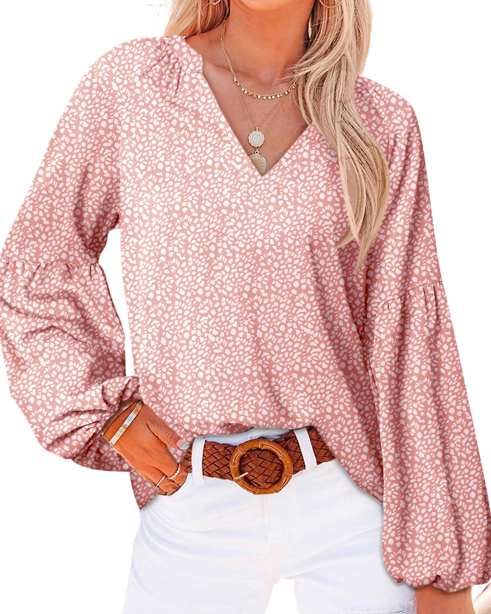 BTFBM Blouses for Women Dressy Casual Floral Boho Tops Trendy V Neck Lightweight Long Sleeve Shirts Fall Clothes 2025
